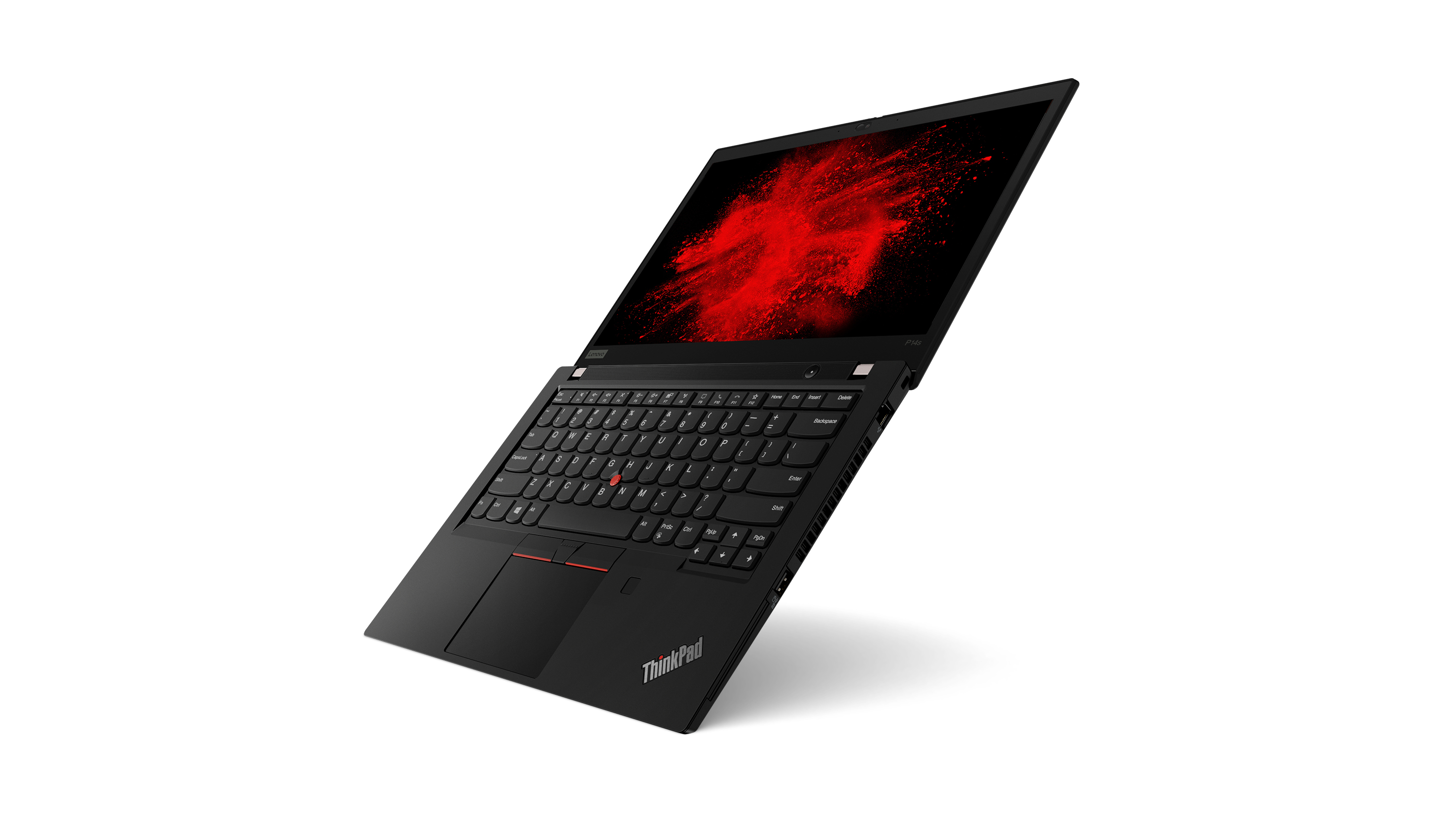Laptop ThinkPad nero, aperto, con grafica di esplosione rossa sullo schermo.