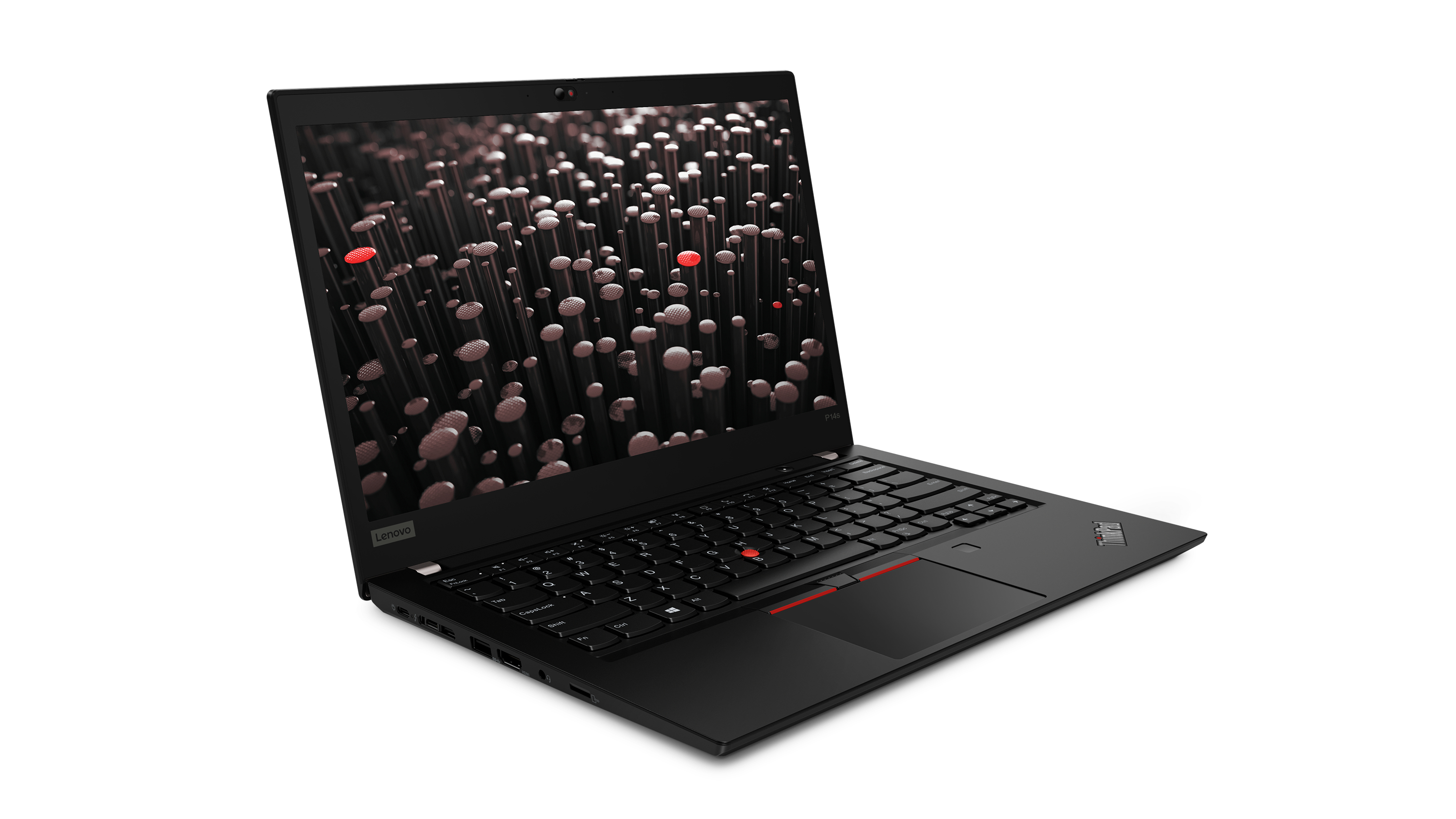 Un laptop Lenovo nero con trackpoint rosso. Lo schermo mostra arte astratta.