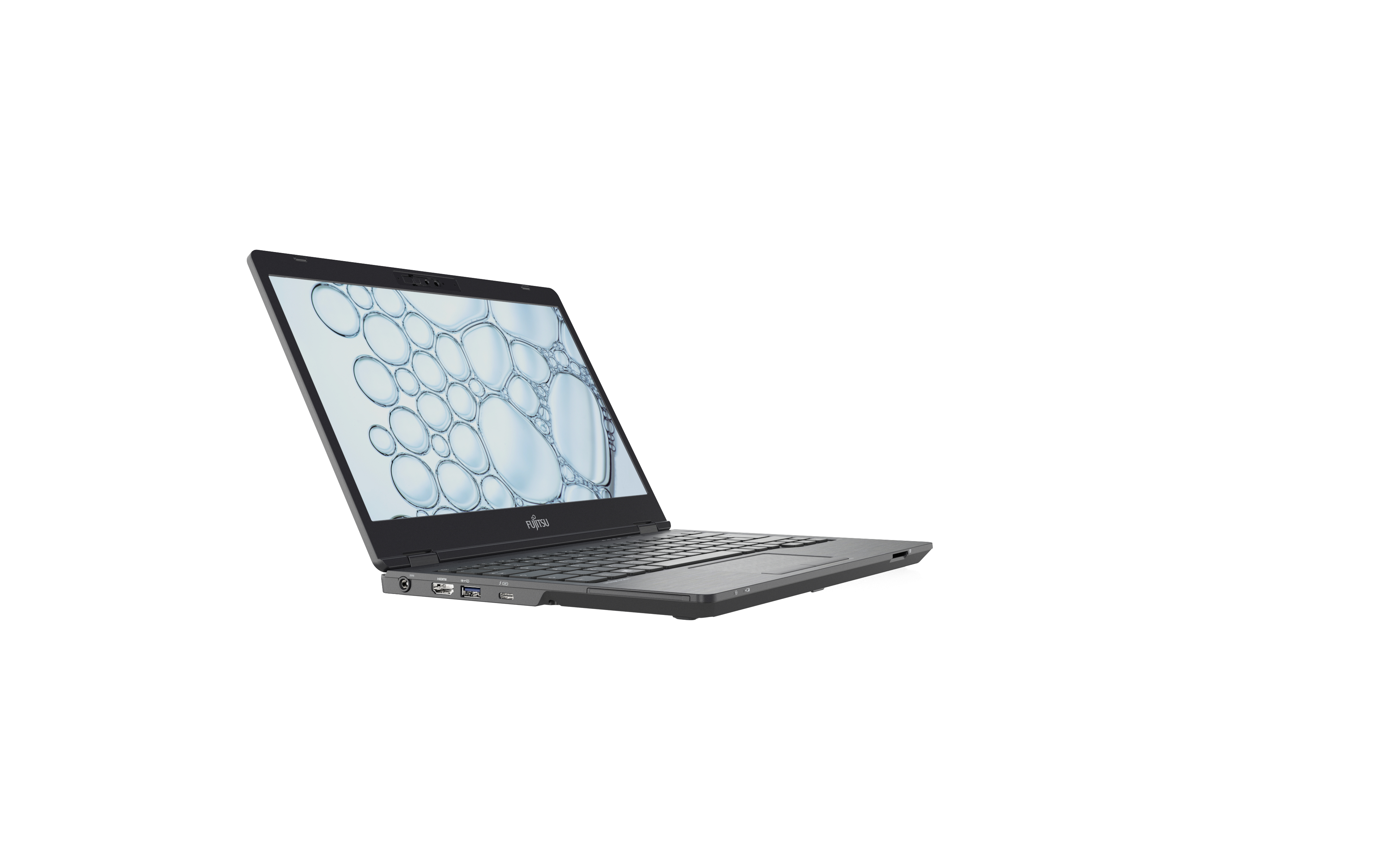 Fujitsu Laptop, offen, angewinkelte Ansicht. Blasenmuster Bildschirm. Grau auf Weiß.
