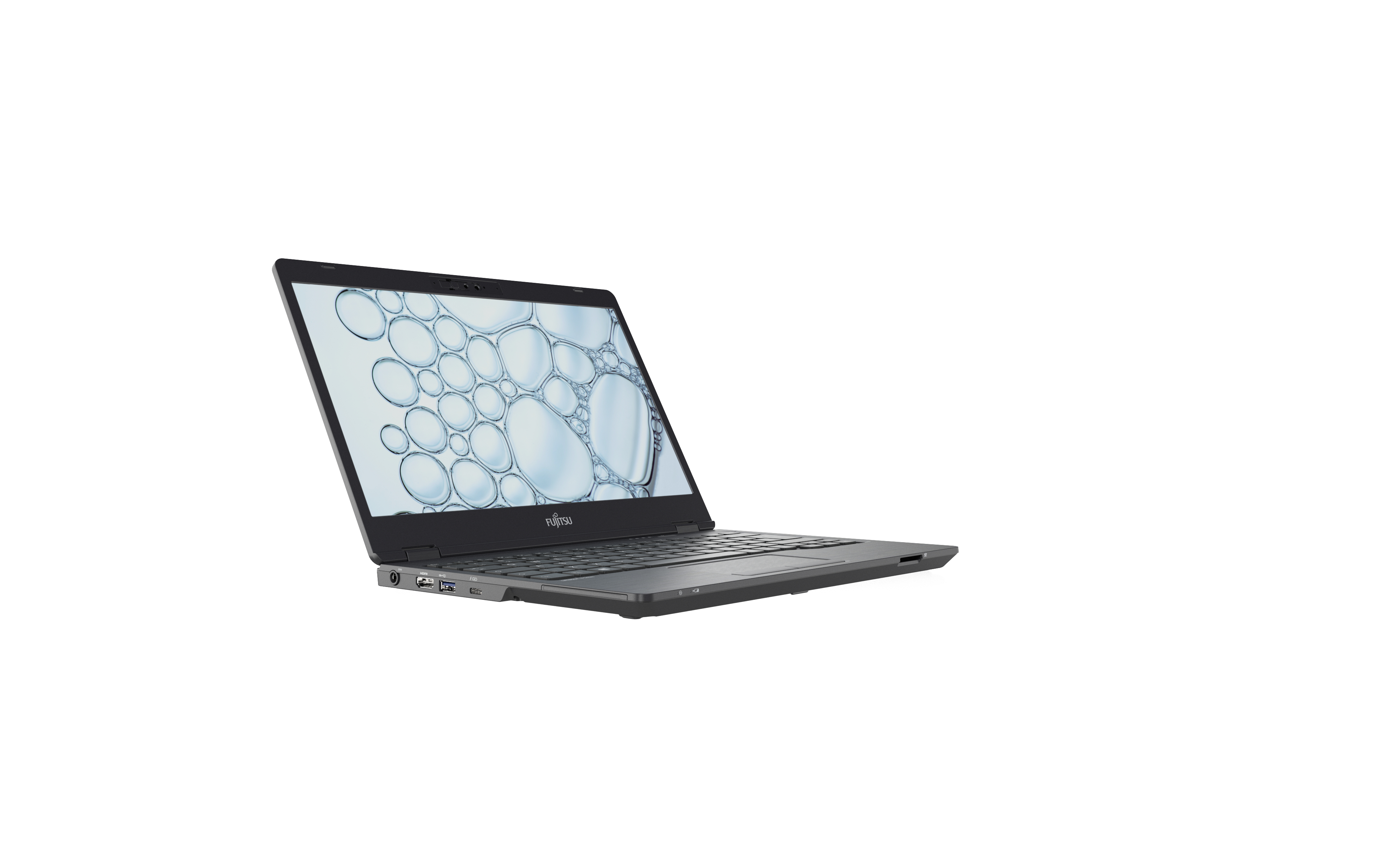 Fujitsu Laptop, offen, angewinkelte Ansicht. Blasenmuster Bildschirm. Grau auf Weiß.