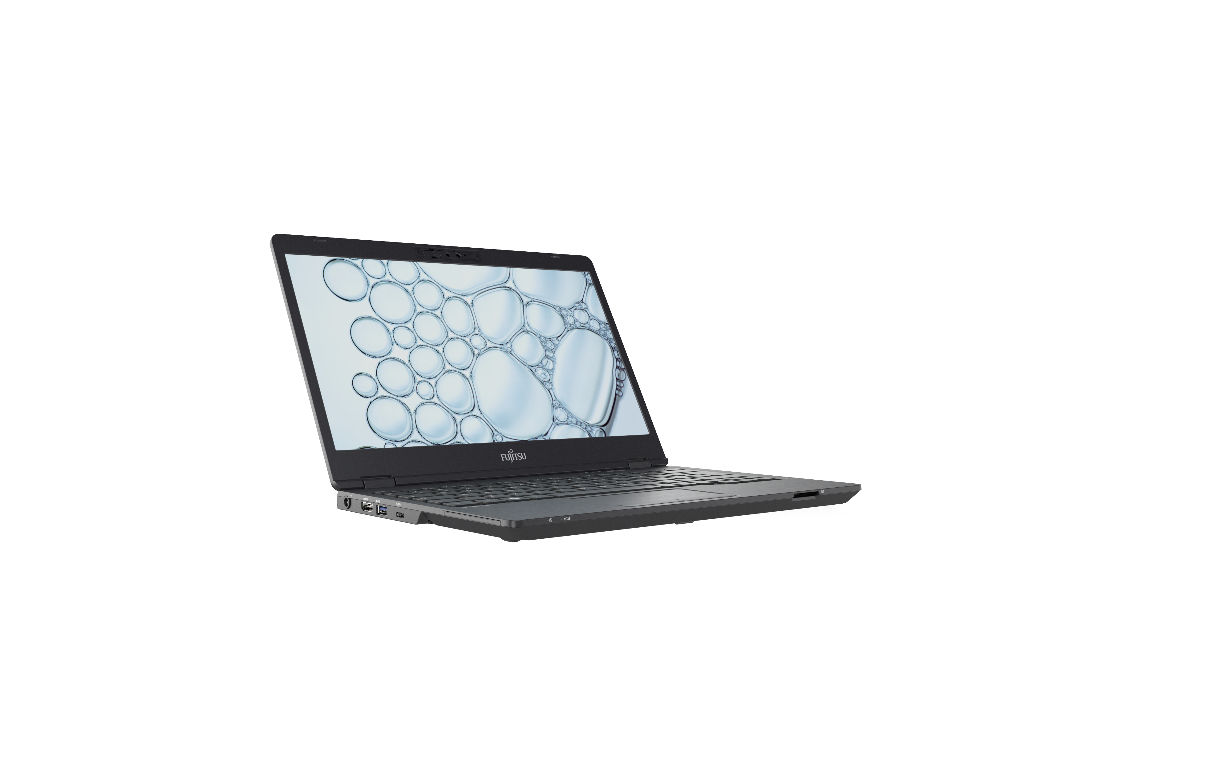 Fujitsu Laptop, offen, angewinkelte Ansicht. Blasenmuster Bildschirm. Grau auf Weiß.