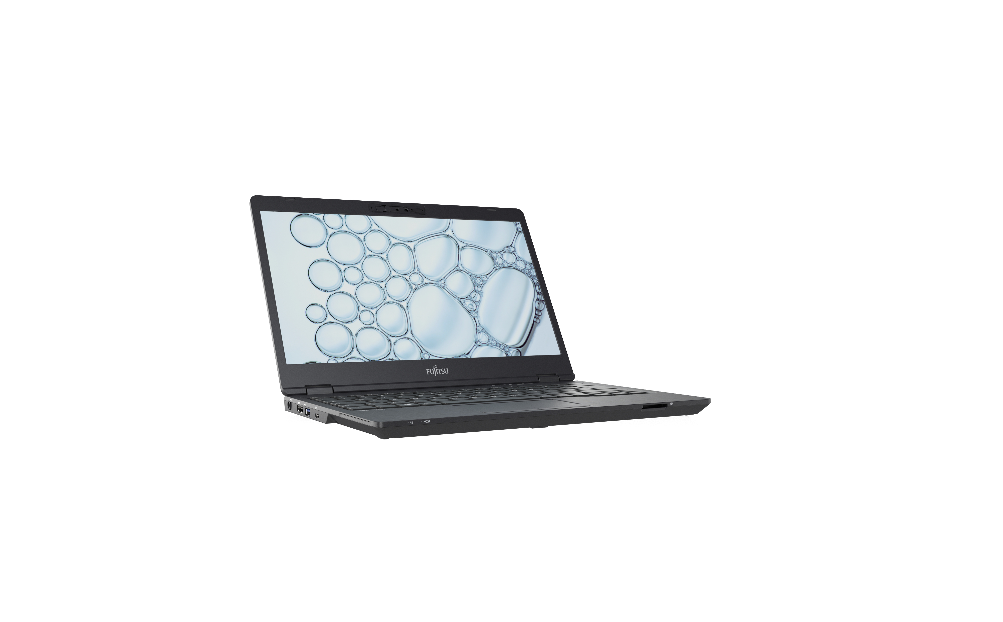 Fujitsu Laptop, offen, angewinkelte Ansicht. Blasenmuster Bildschirm. Grau auf Weiß.