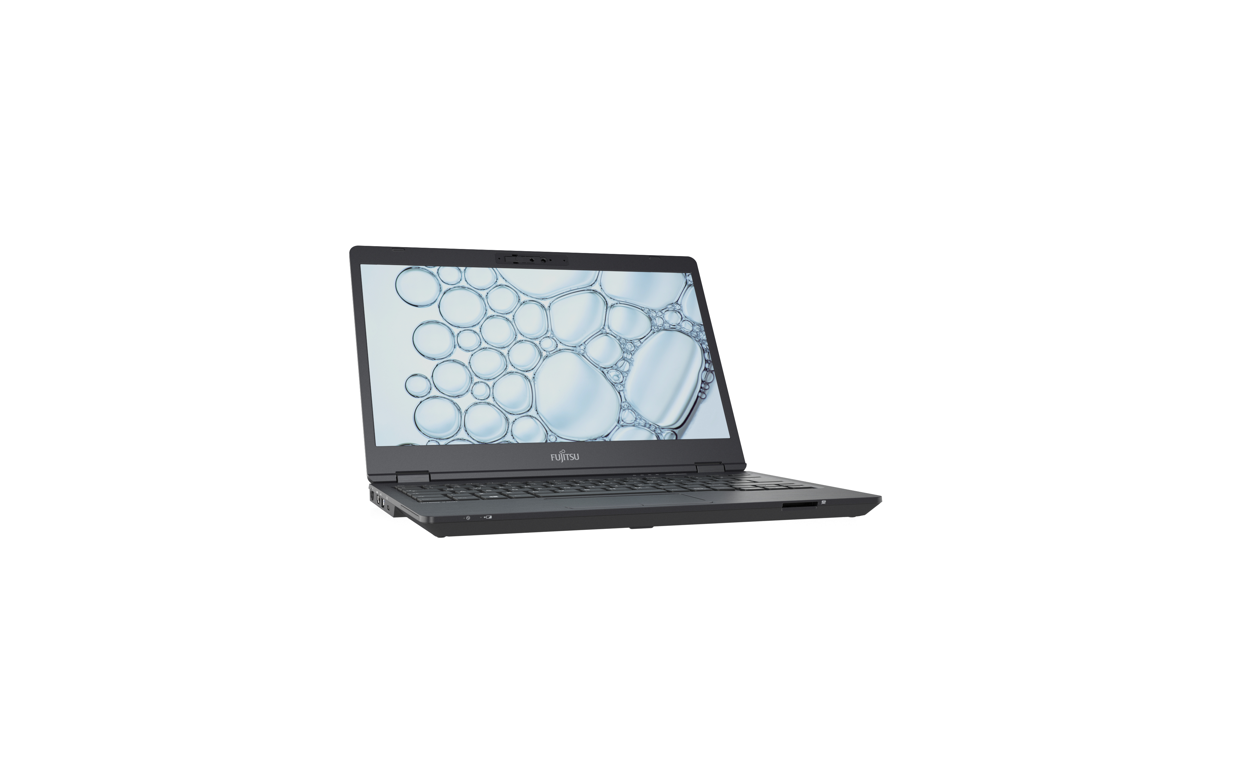 Fujitsu Laptop, offen, angewinkelte Ansicht. Blasenmuster Bildschirm. Grau auf Weiß.