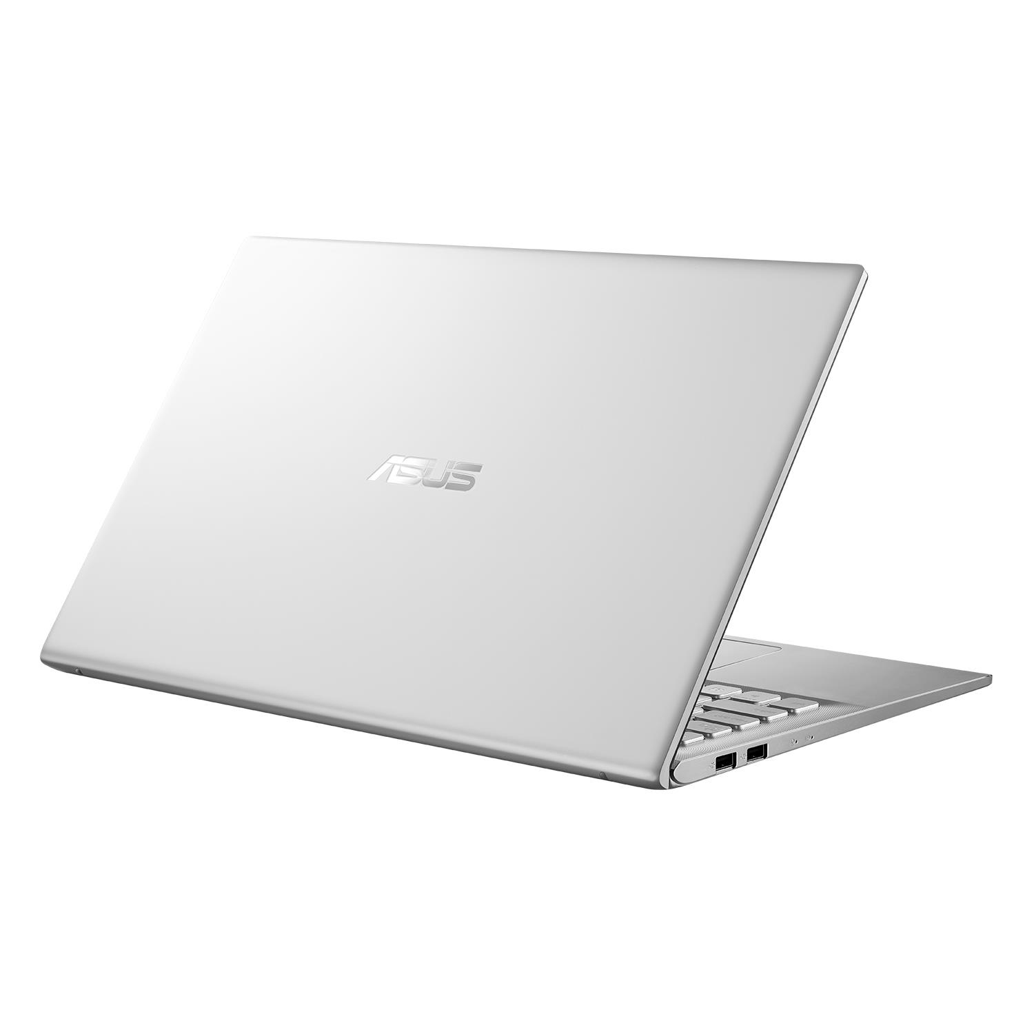Laptop ASUS bianco, vista posteriore. Logo ASUS visibile. Inclinato, mostra lato e tastiera.