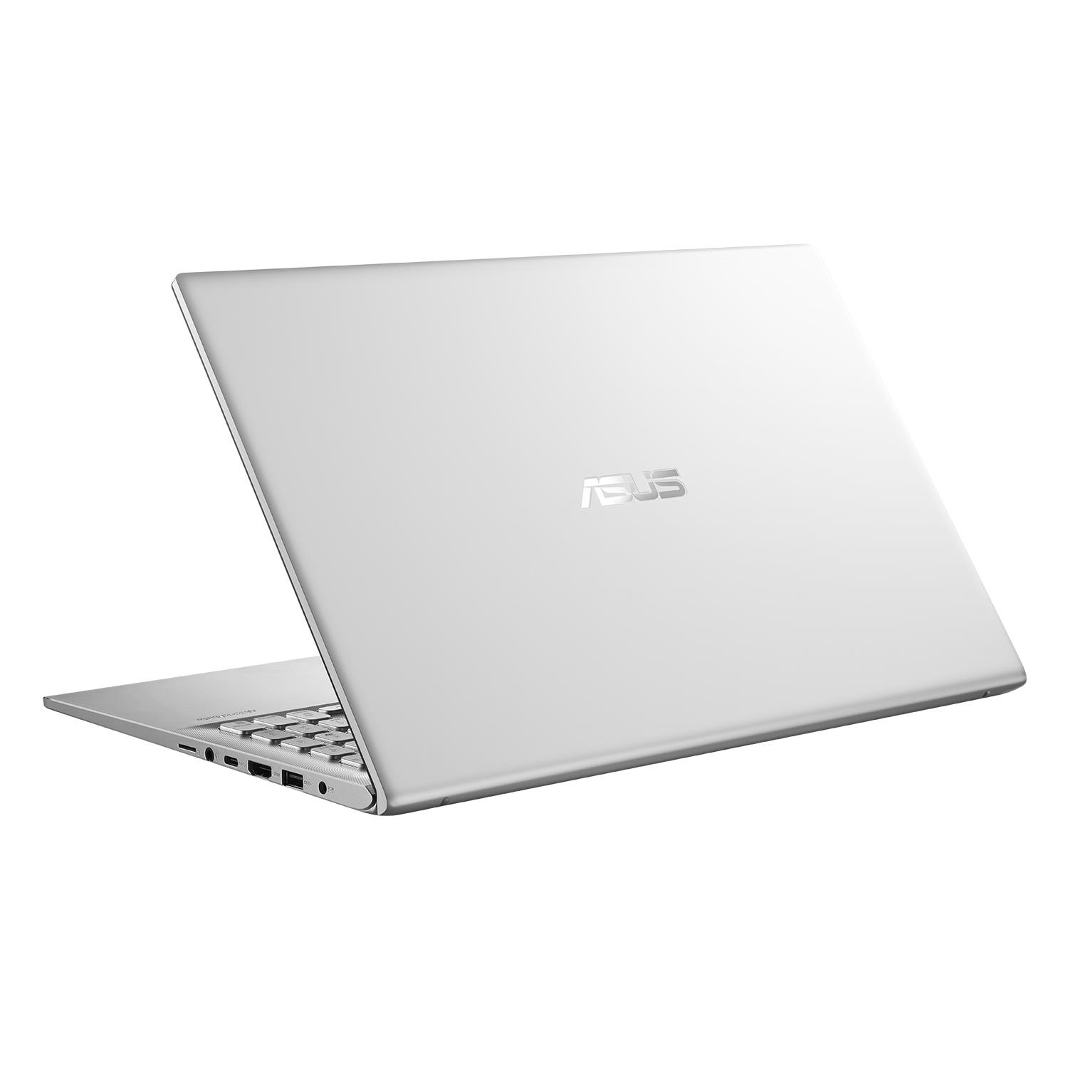Laptop ASUS argentato, leggermente aperto, su sfondo bianco, con logo ASUS.