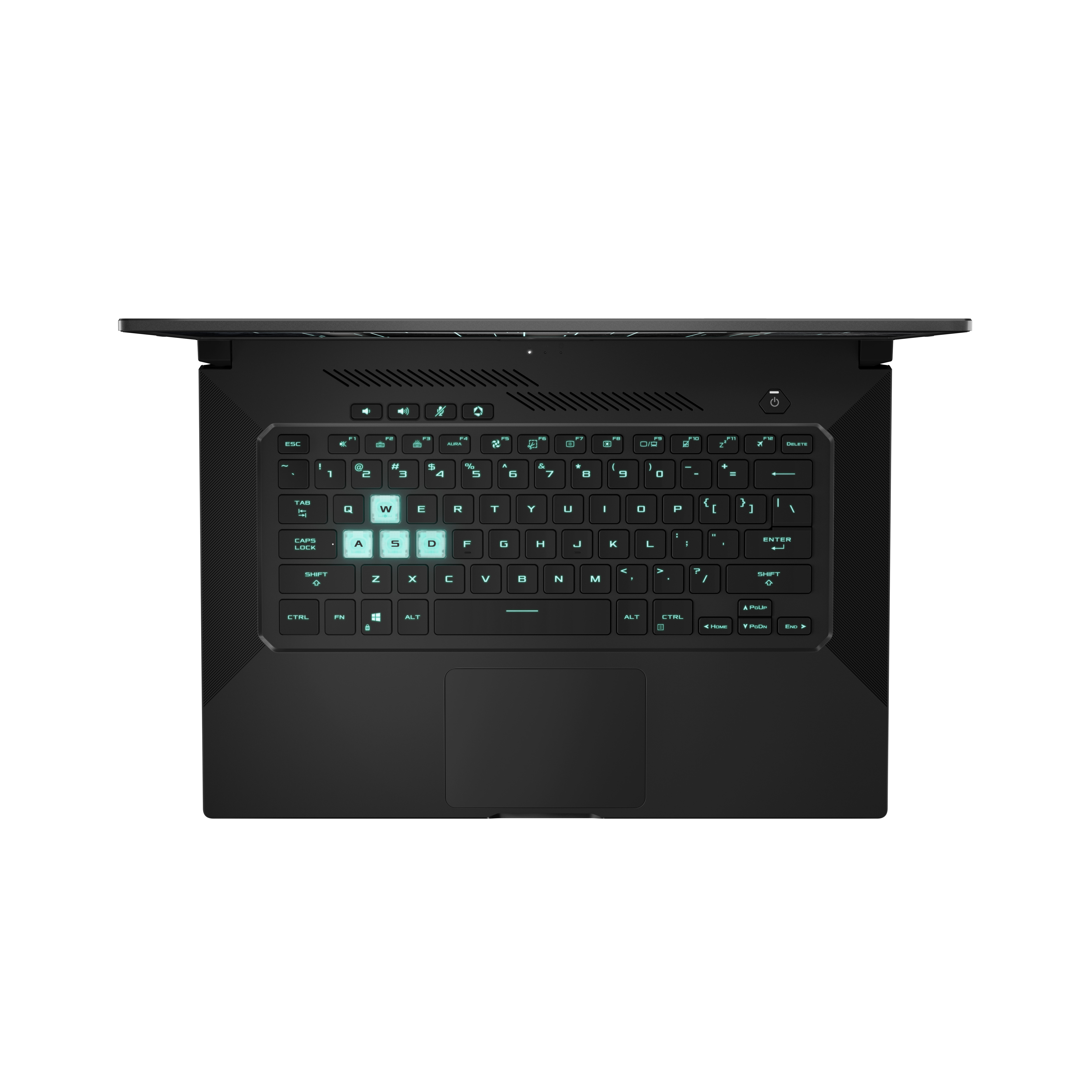Laptop nero, vista dall'alto. Tastiera illuminata con tasti verdi e blu. Touchpad visibile.