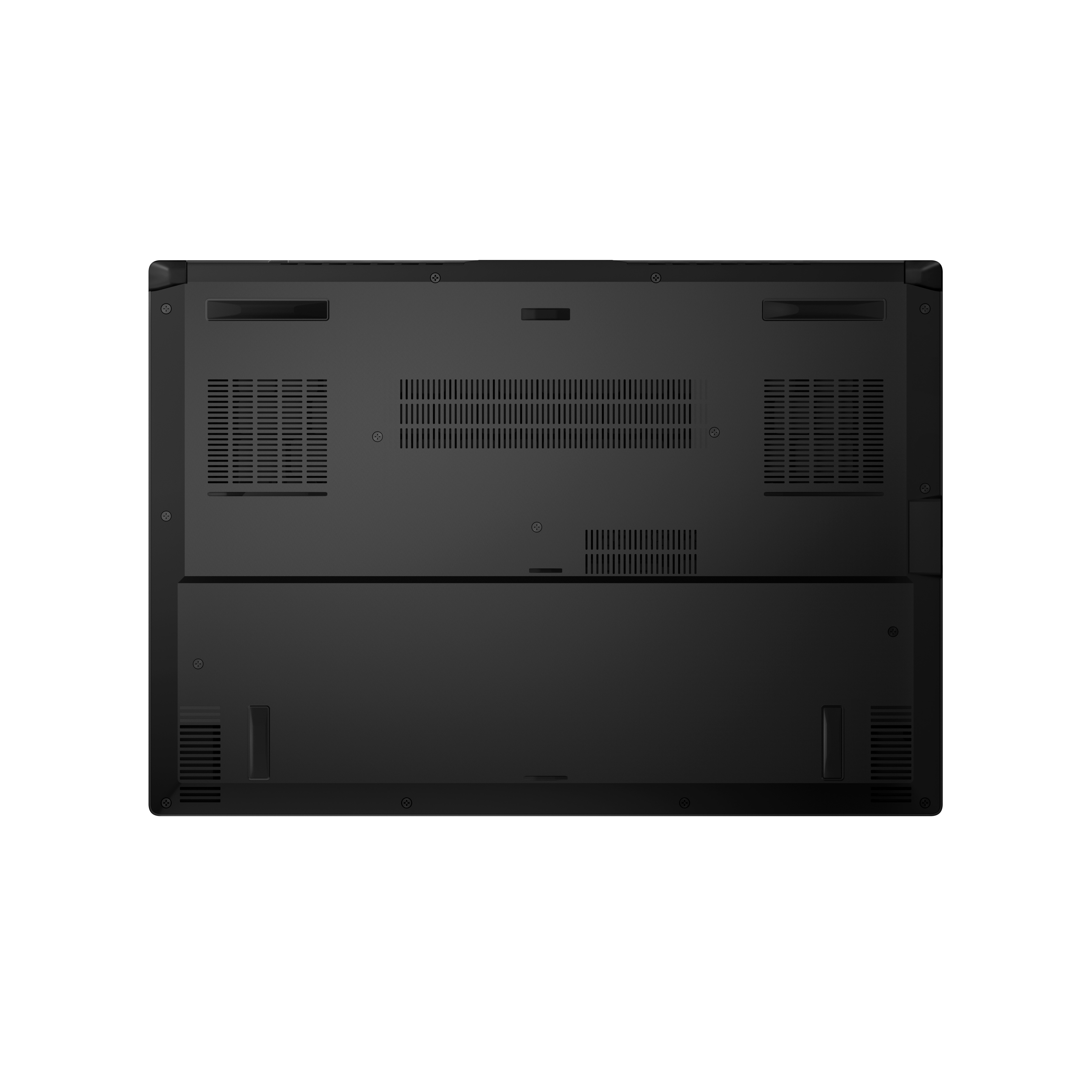 Vista inferiore del laptop nero. Sono visibili prese d'aria e viti. Sfondo bianco.