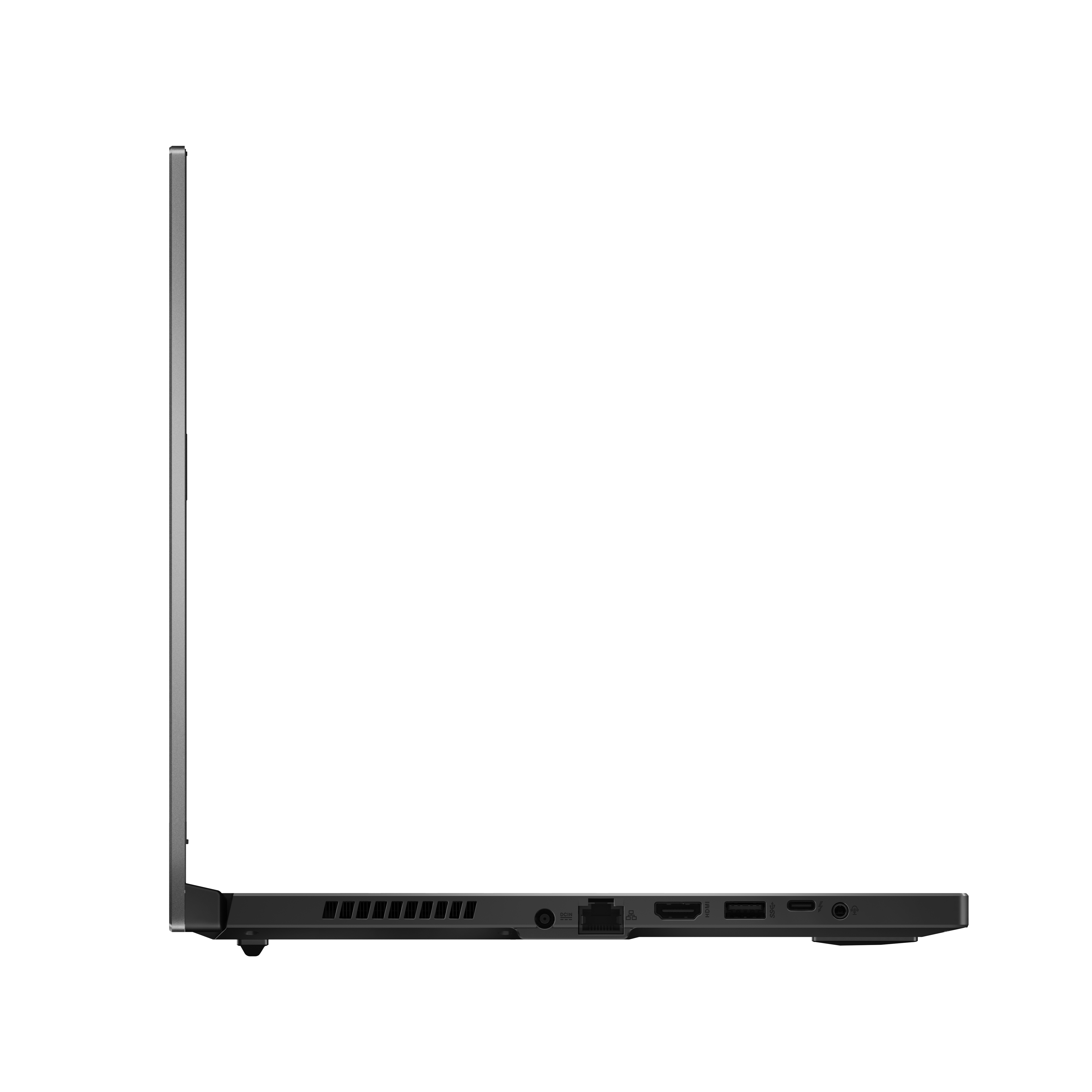Vista laterale di un laptop, che mostra il bordo con le porte e lo schermo chiuso, su bianco.