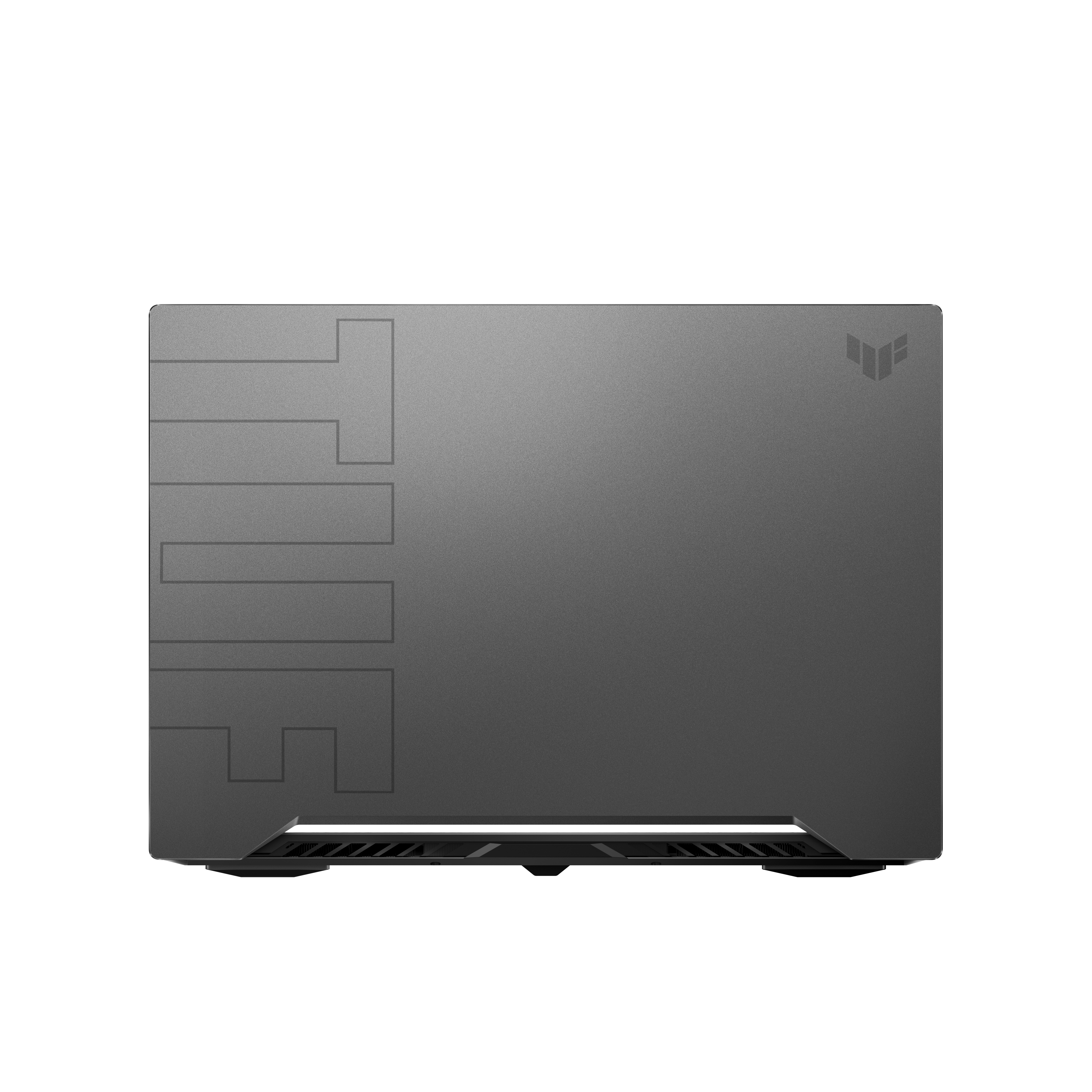Coperchio del laptop nero con logo TUF. Sfondo grigio.
