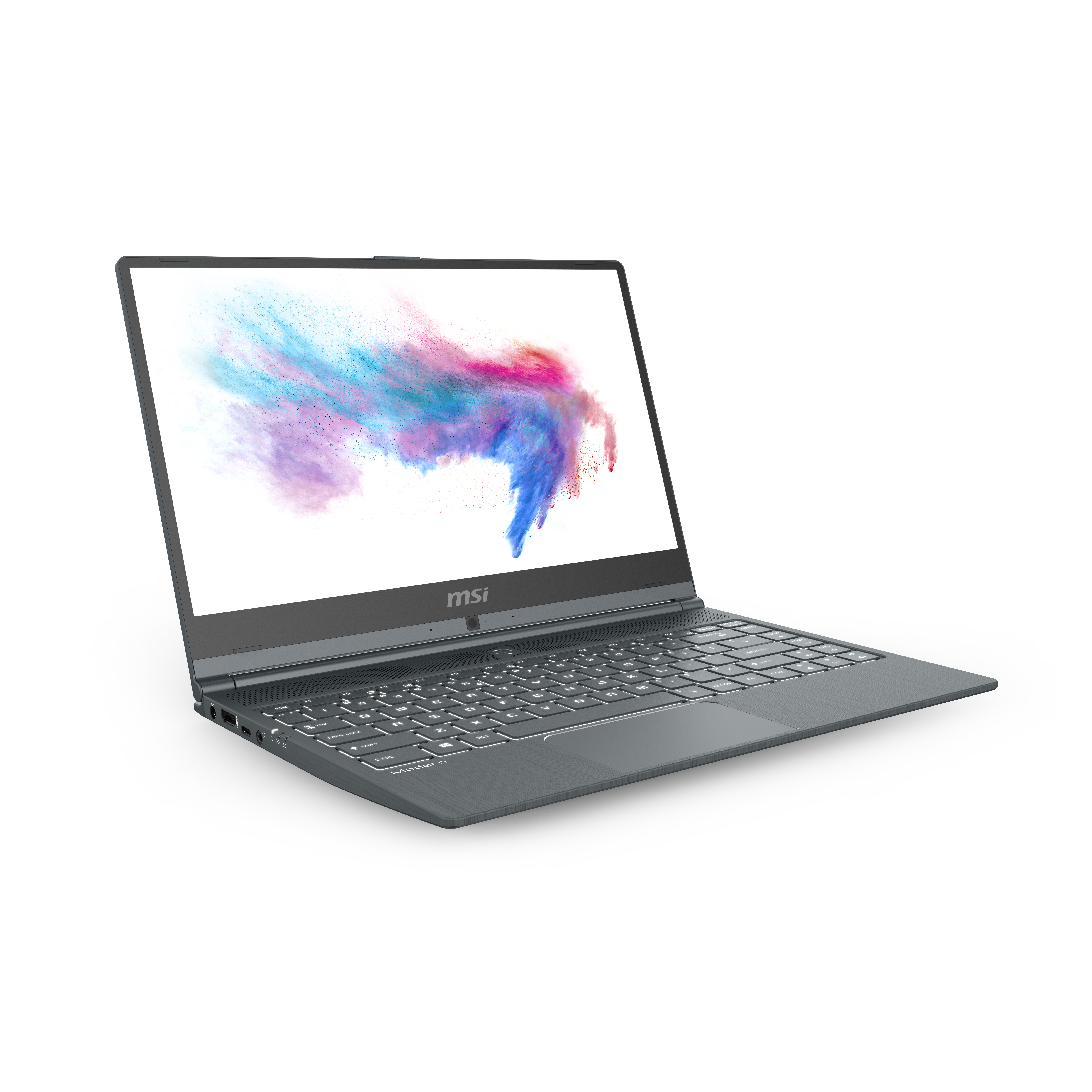 Laptop aperto. Schermo mostra un design astratto colorato. Logo MSI. Corpo grigio. Sfondo bianco.