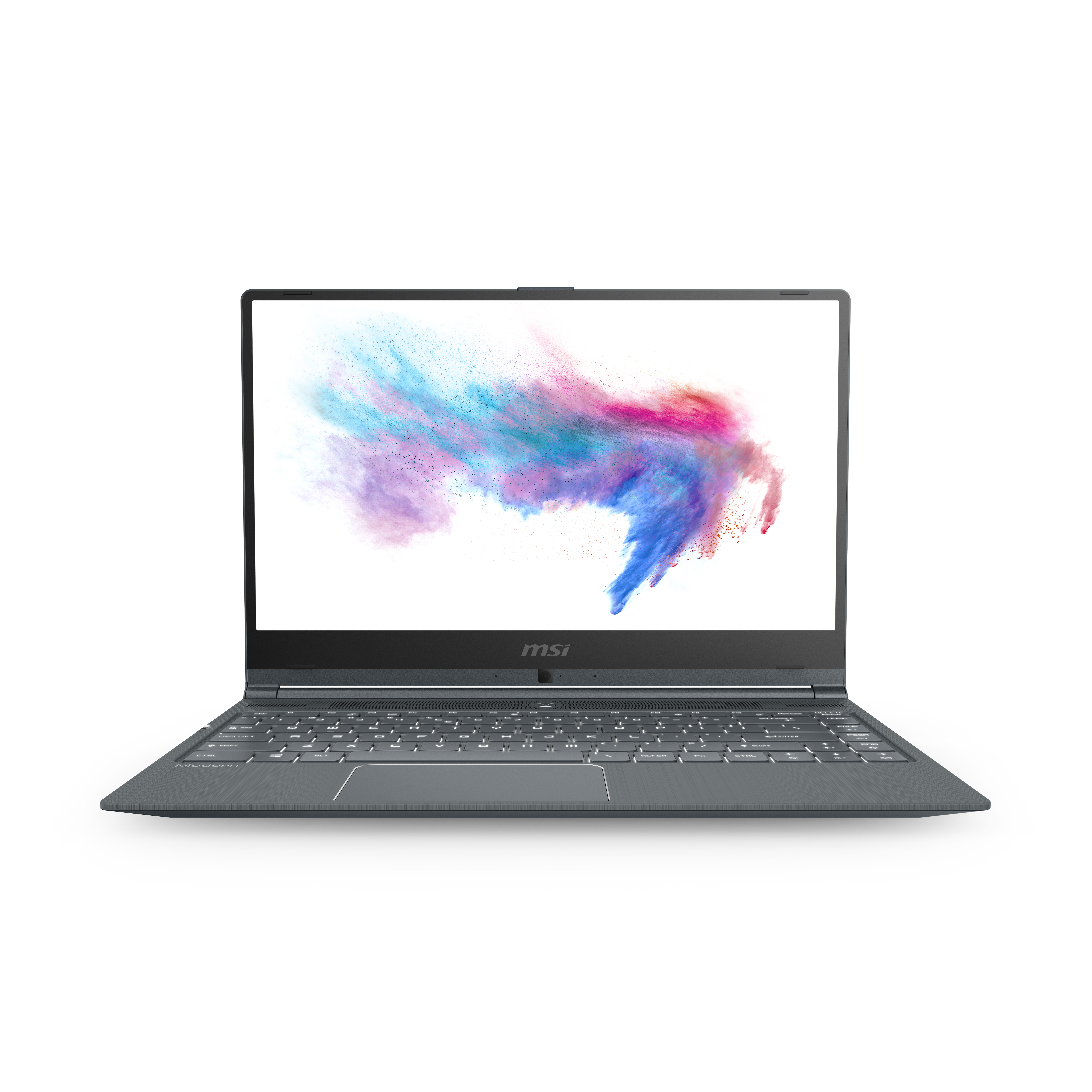 Laptop MSI, aperto. Visualizza arte astratta colorata sullo schermo. Sfondo bianco.