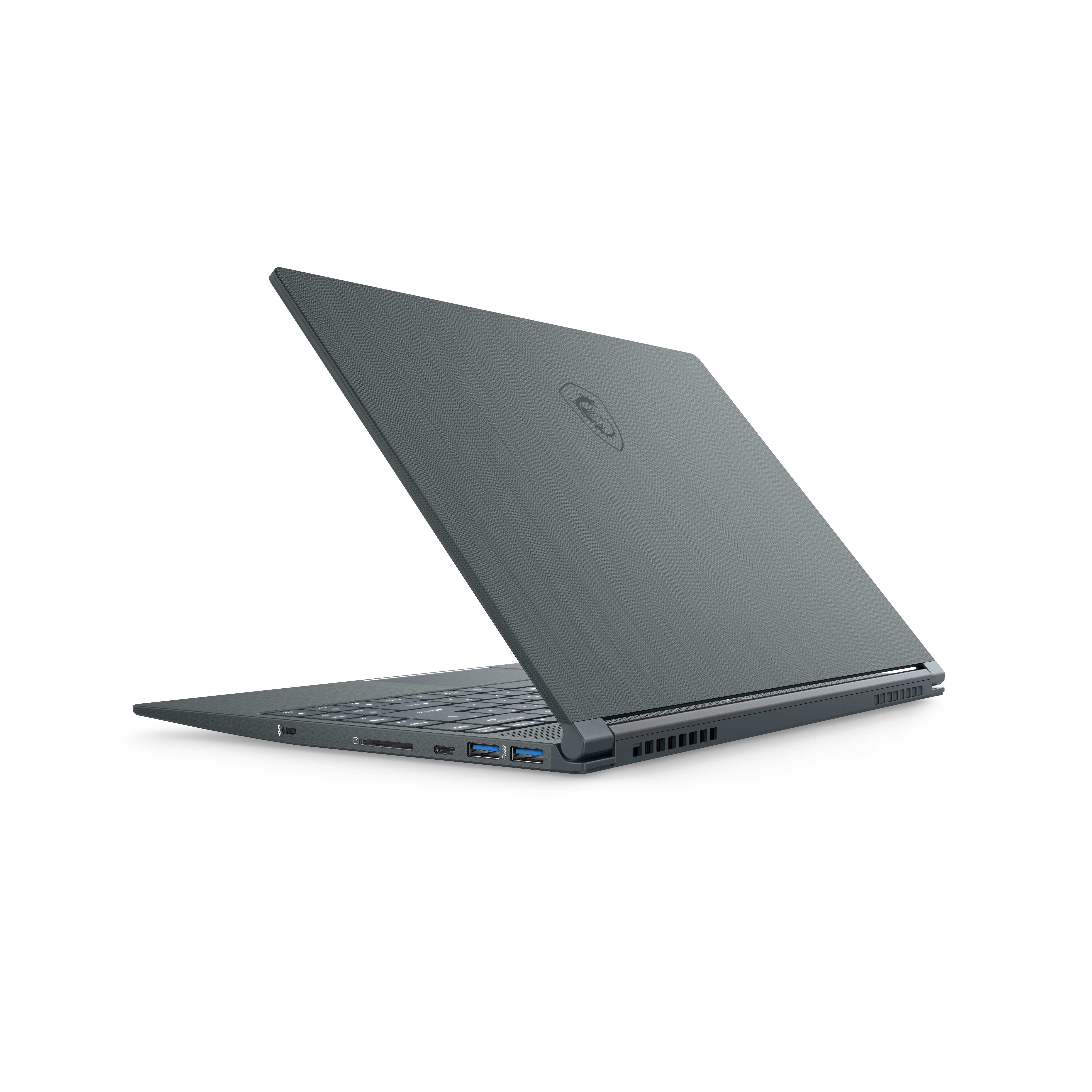 Laptop grigio scuro angolato, parzialmente aperto, mostra porte, sfondo bianco.