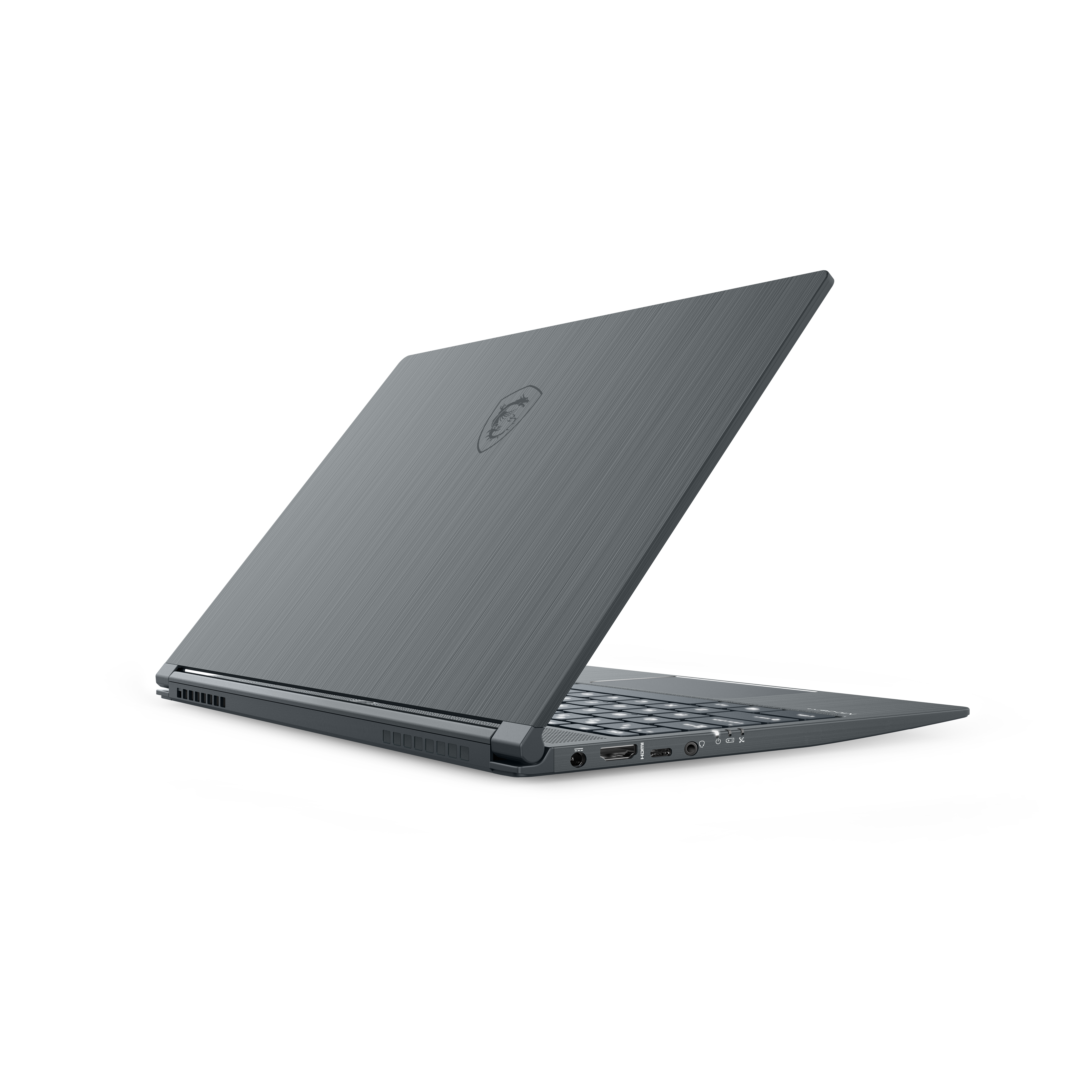 Laptop grigio, vista laterale, su bianco. Il laptop è chiuso, con un logo sul retro.