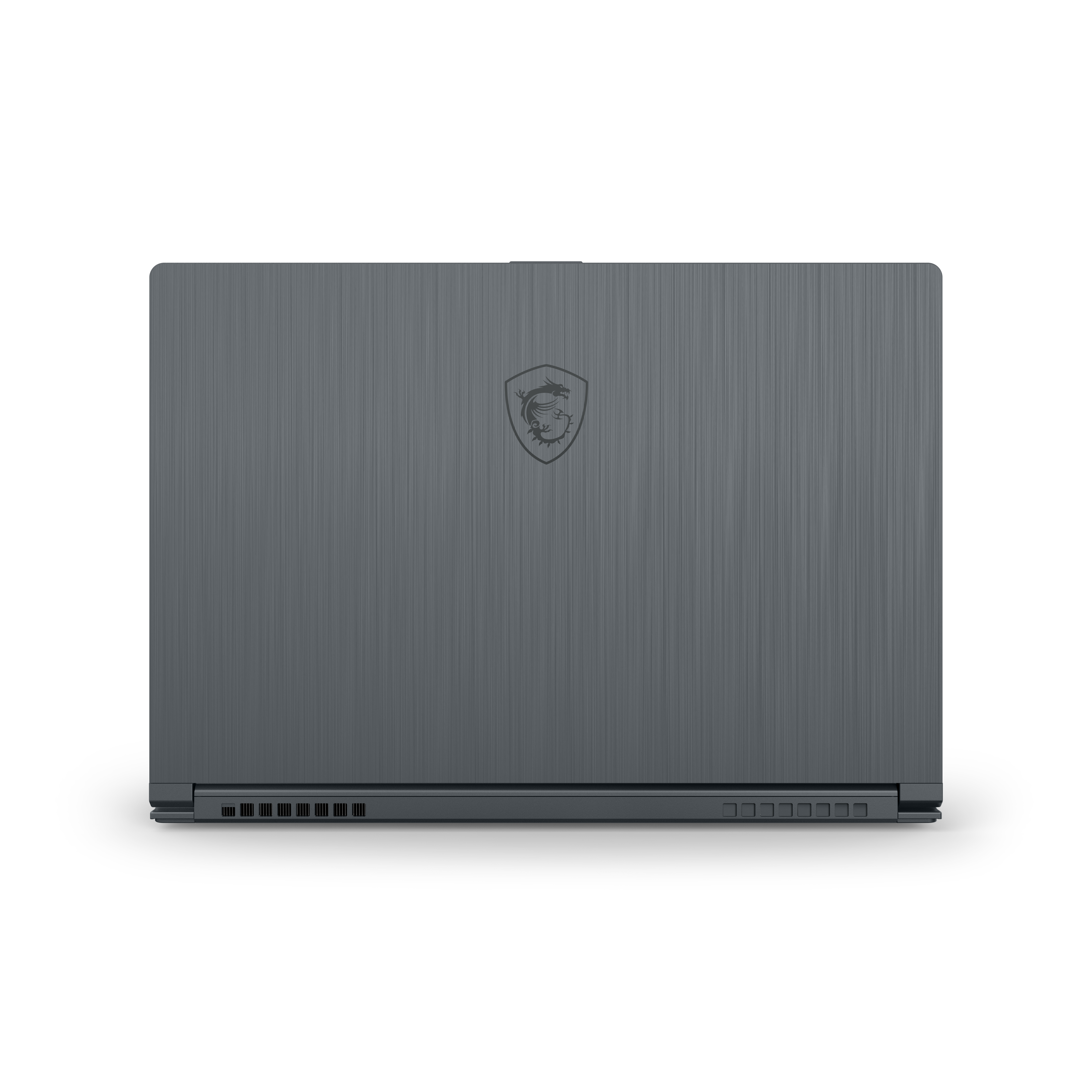 Coperchio laptop grigio con un logo. Sfondo bianco.
