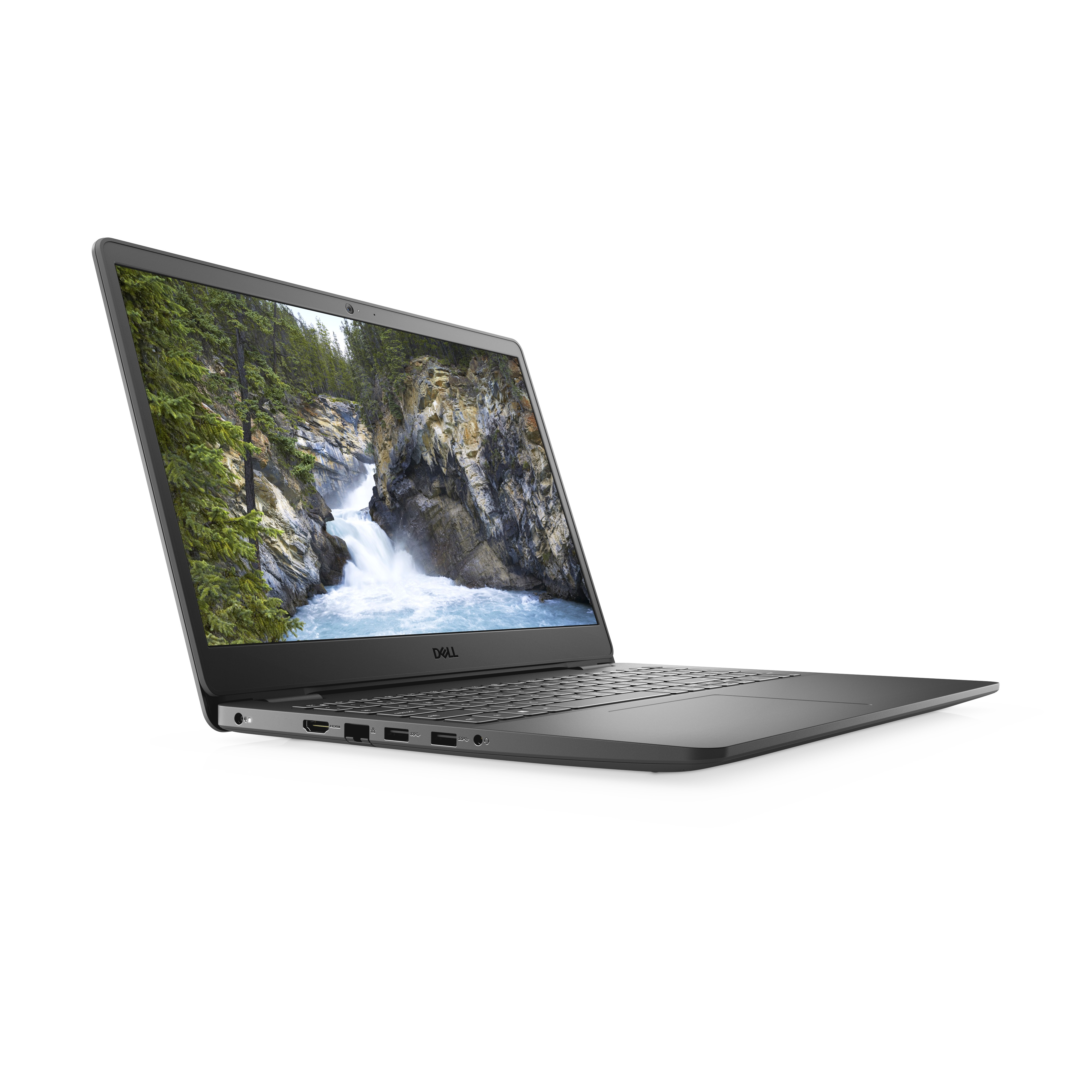 Un laptop Dell su sfondo bianco. Lo schermo è aperto. Lo sfondo mostra una cascata in una foresta.