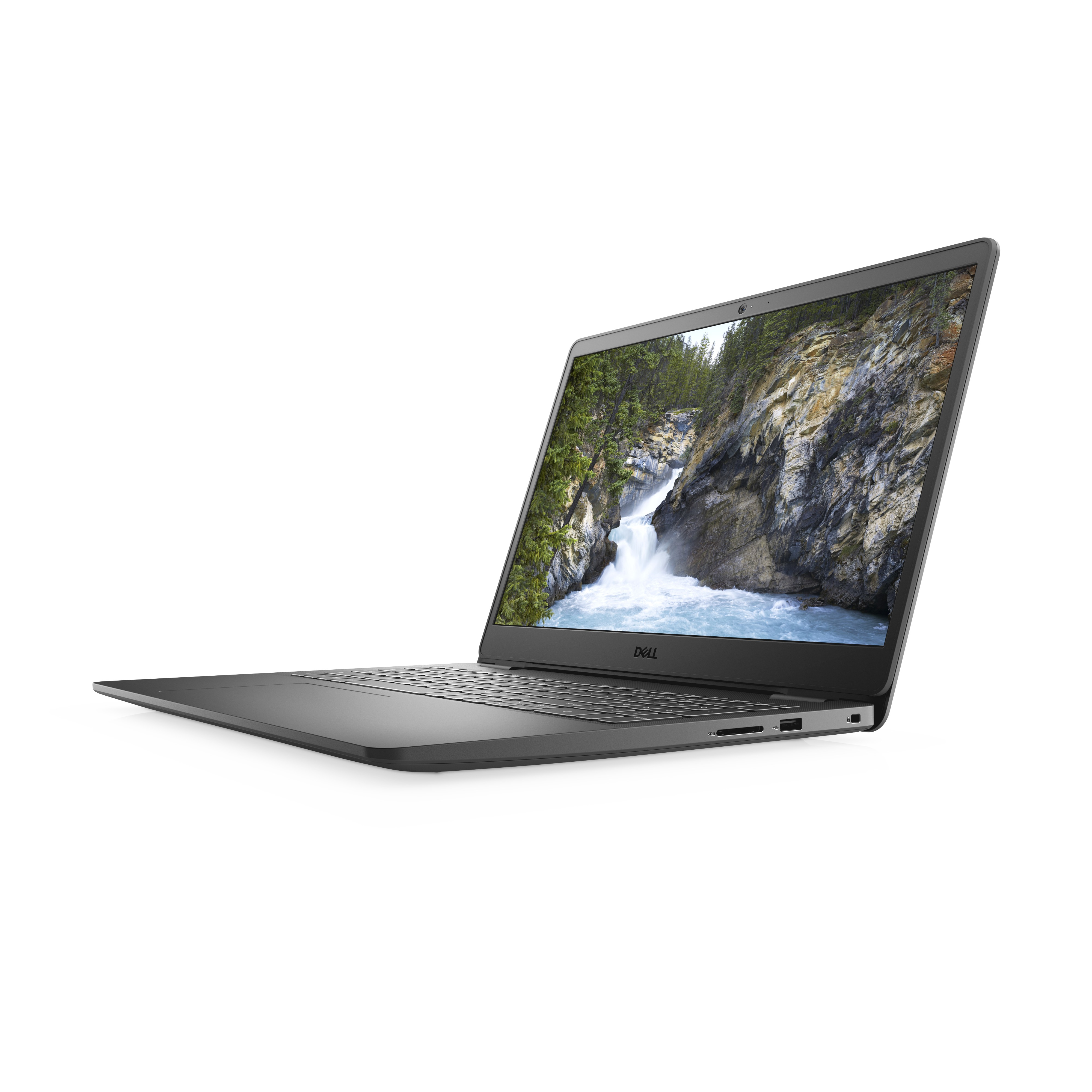 Laptop grigio aperto, mostra un'immagine di cascata sullo schermo. Sfondo bianco.
