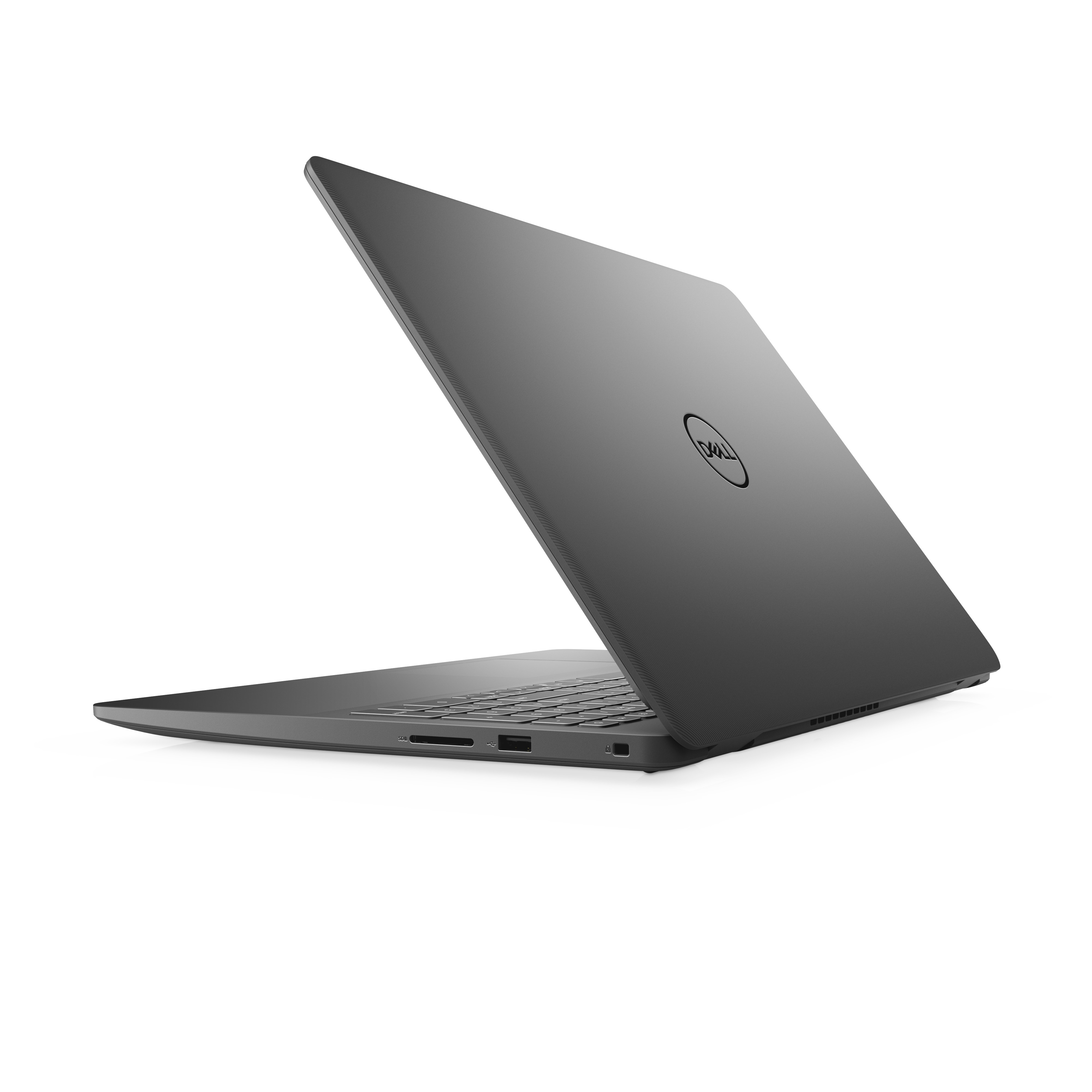 Laptop Dell grigio scuro, aperto ad angolo. Logo Dell sul coperchio. Sfondo bianco.