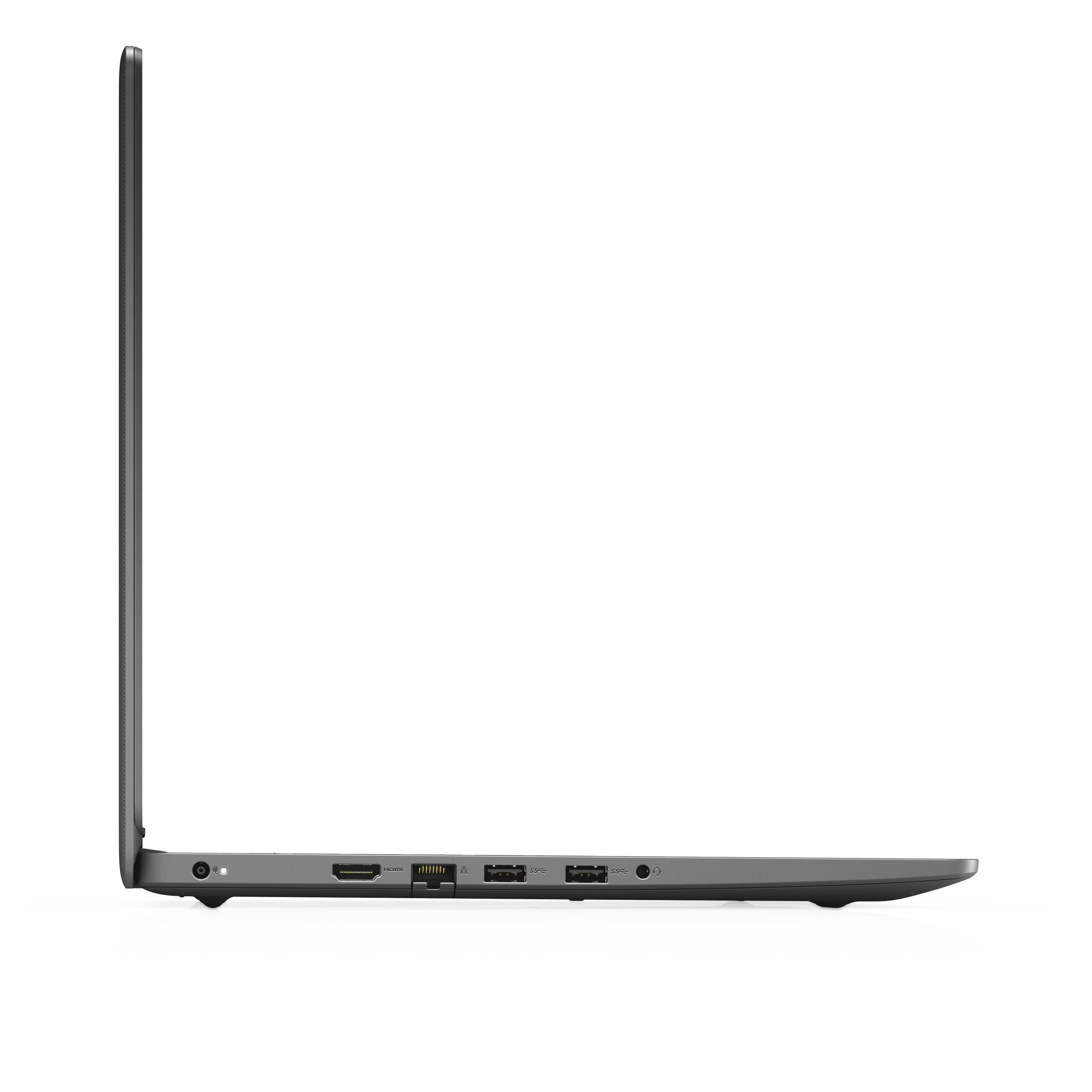 Laptop Dell, vista posteriore, angolata. Corpo argentato. Logo Dell. Sfondo bianco. Parzialmente aperto.