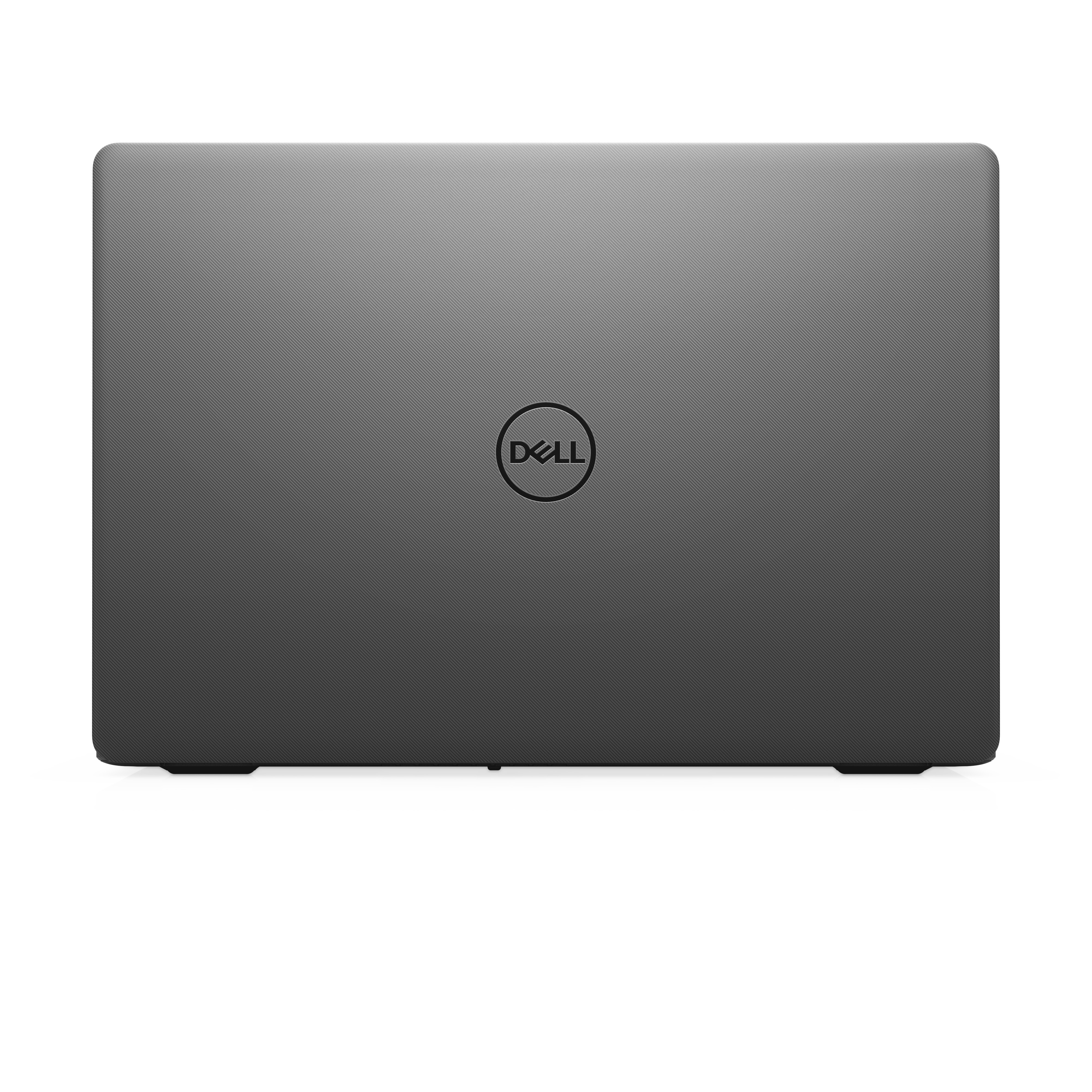 Coperchio di laptop grigio scuro con logo Dell, su sfondo bianco.