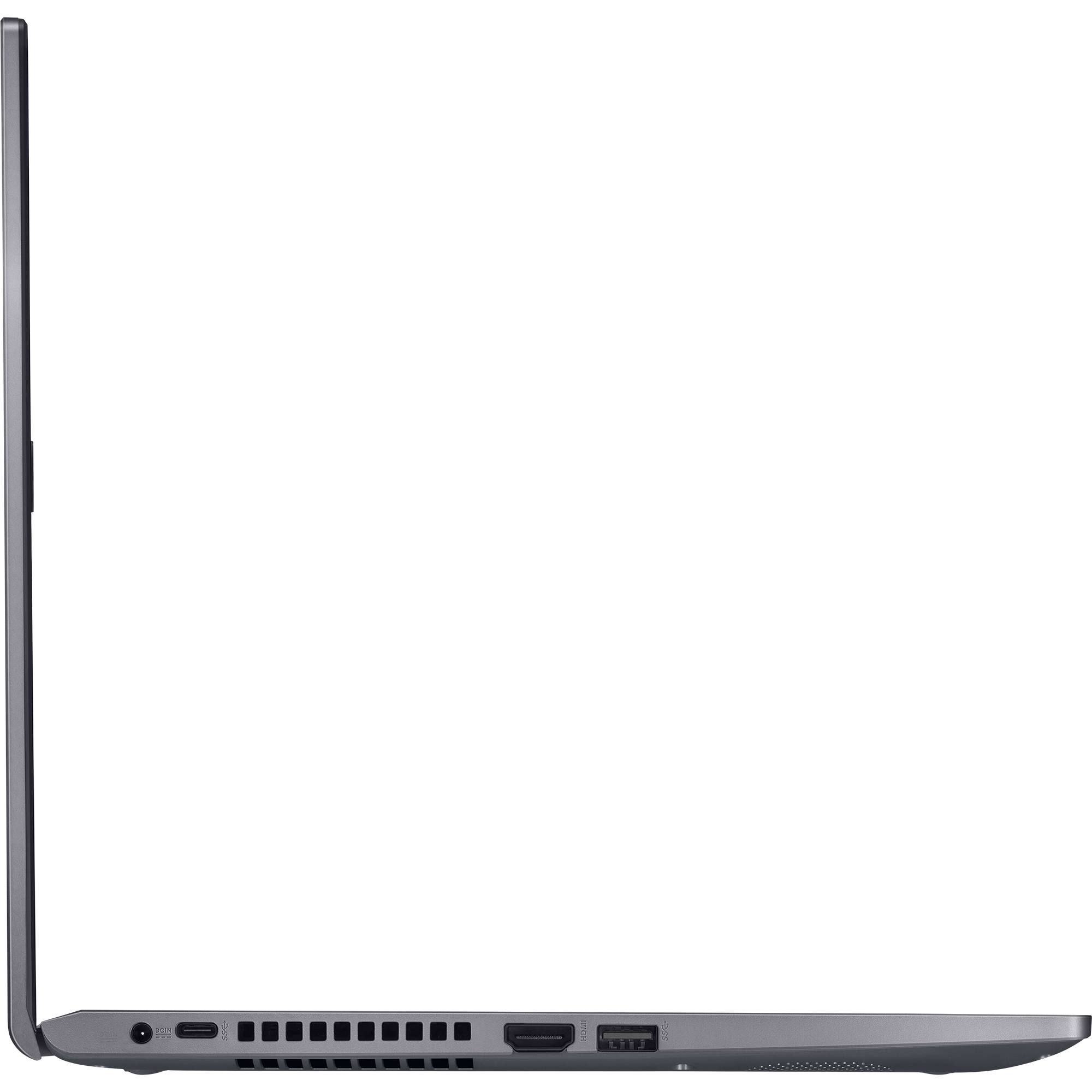 Laptop grigio, vista laterale. Mostra porte e un profilo sottile. Sfondo bianco.