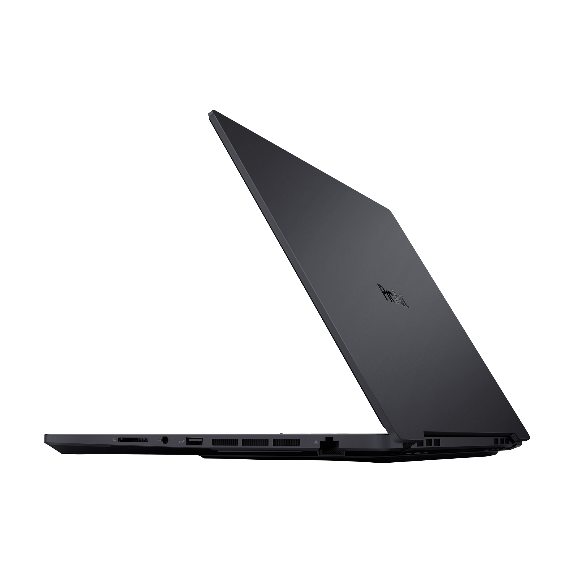 Ein schwarzer Laptop, der in einem Winkel vor einem weißen Hintergrund steht und sein Seitenprofil zeigt.