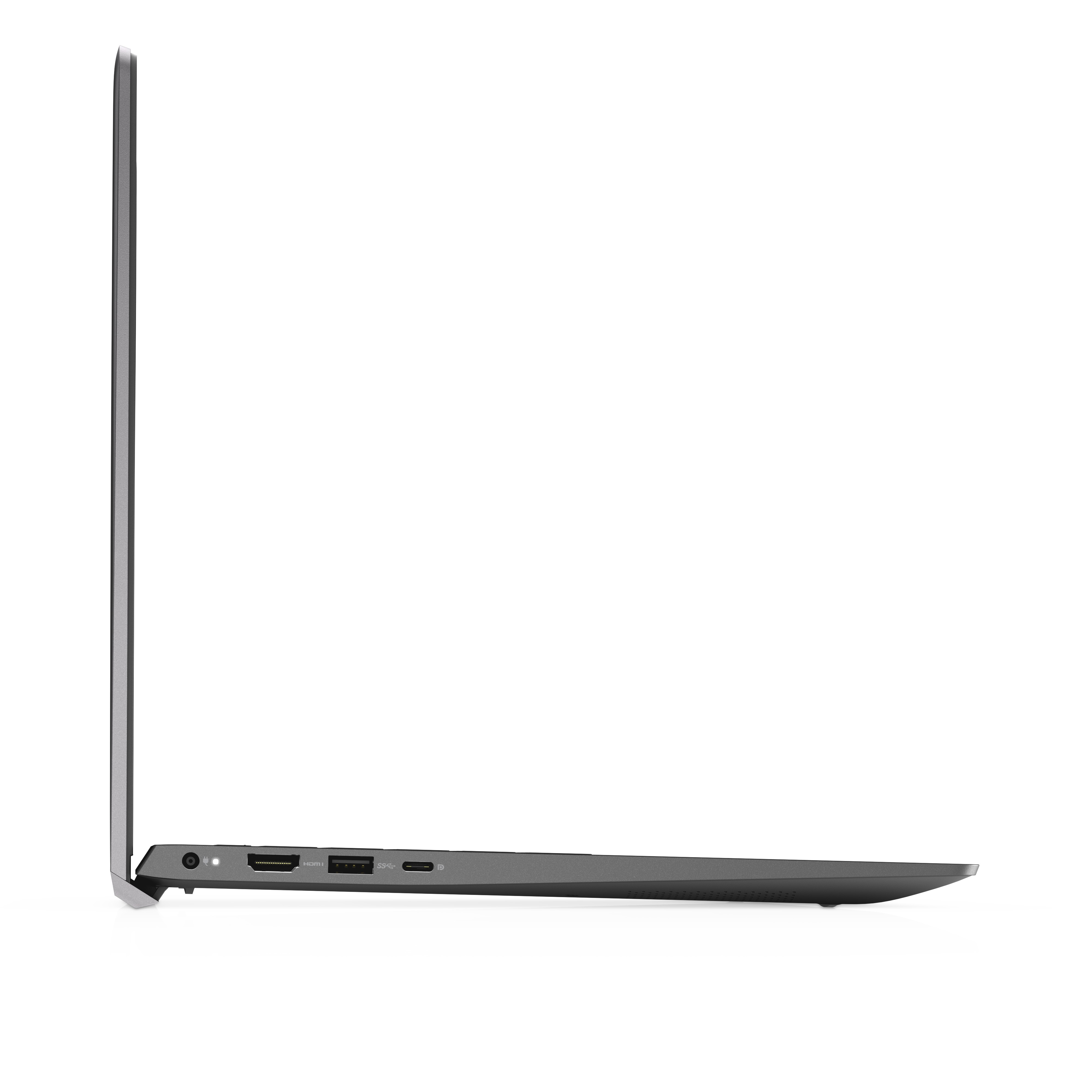 Laptop grigio, vista laterale, mostra le porte e un profilo sottile.