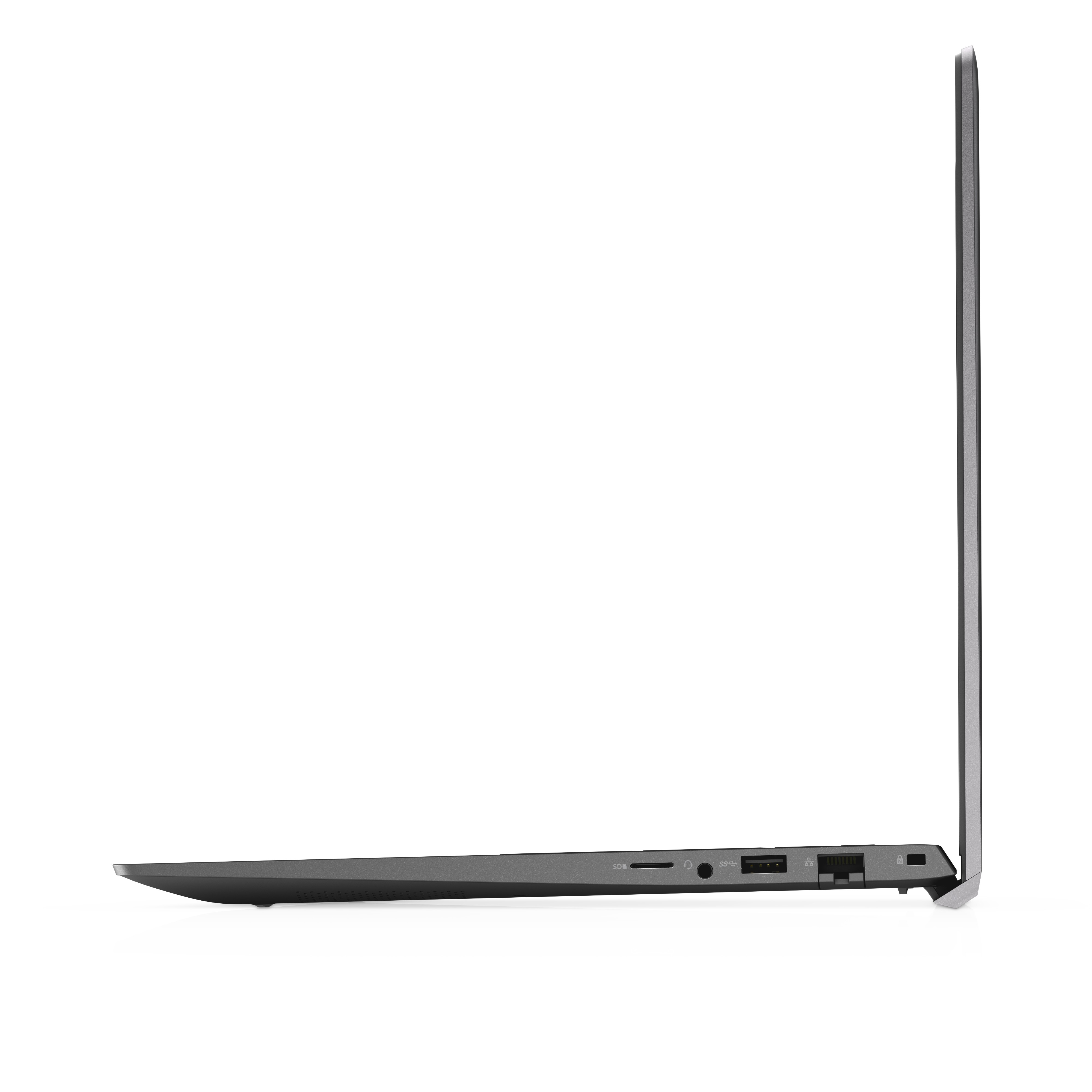 Vista laterale di un laptop grigio. Il laptop è chiuso e mostra le porte laterali.
