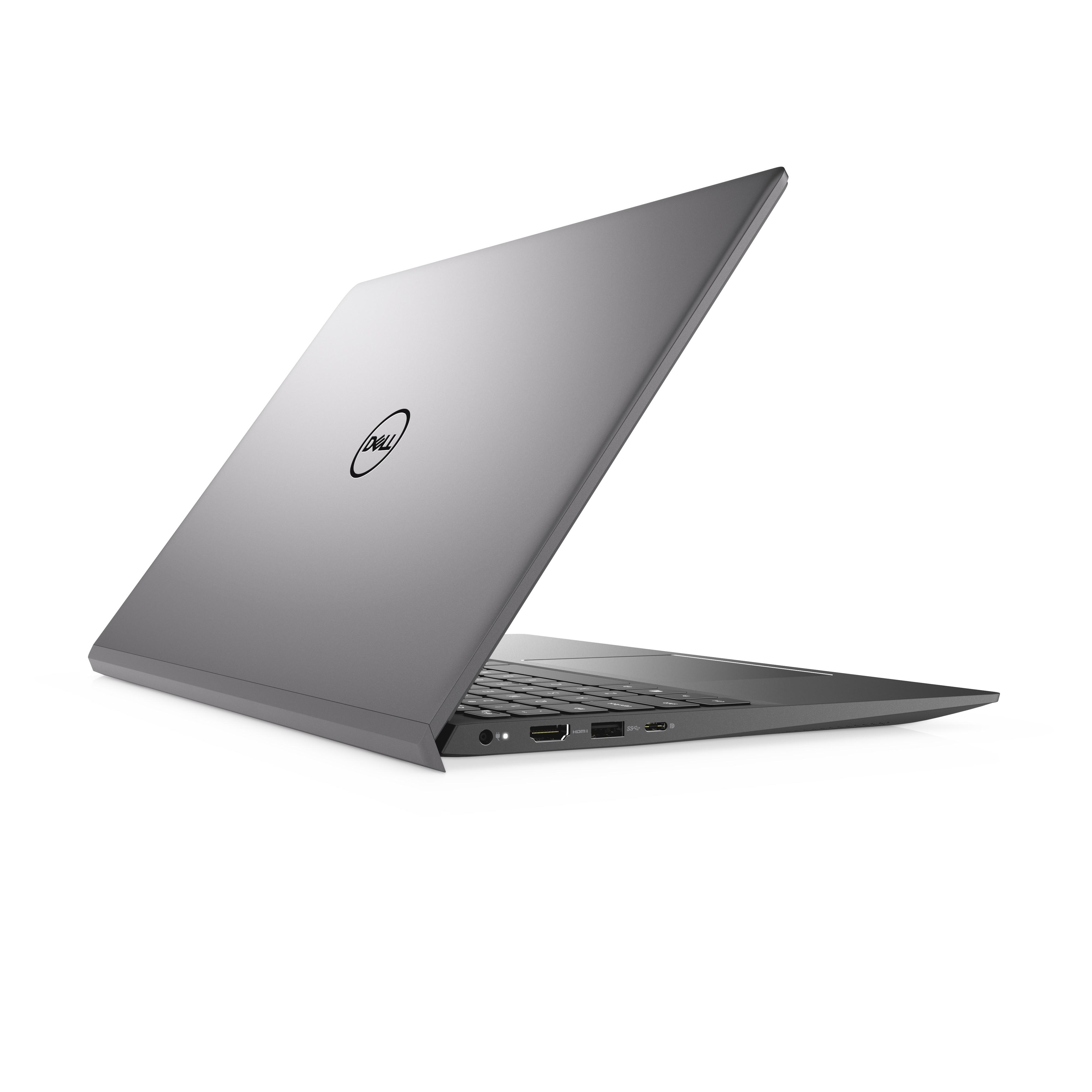 Laptop Dell, vista posteriore, angolata. Corpo argentato. Logo Dell centrato. Tastiera visibile. Sfondo bianco.
