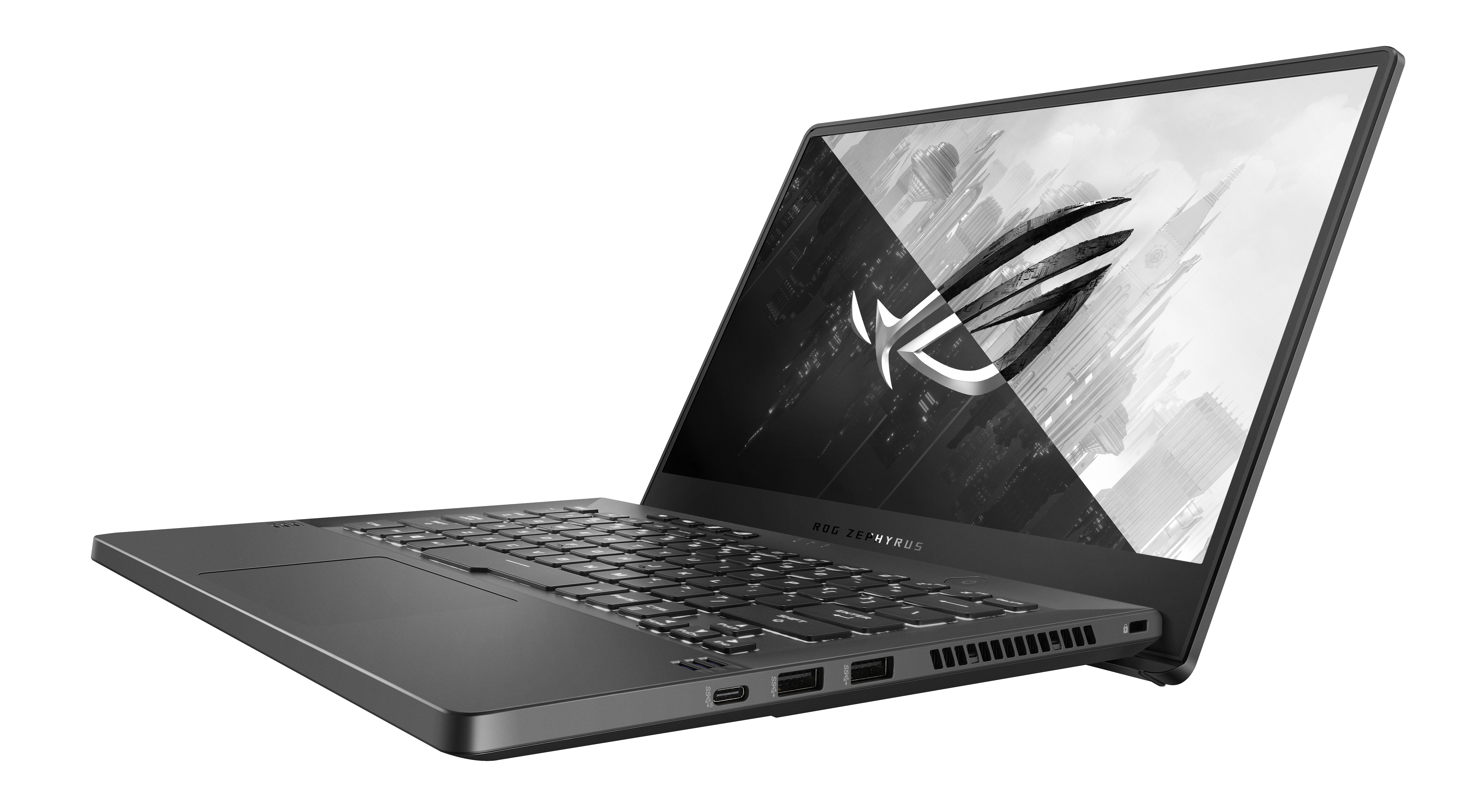 Schwarzer ROG Zephyrus Laptop, abgewinkelt, zeigt eine schwarz-weiße Grafik auf dem Bildschirm, isoliert auf Weiß.