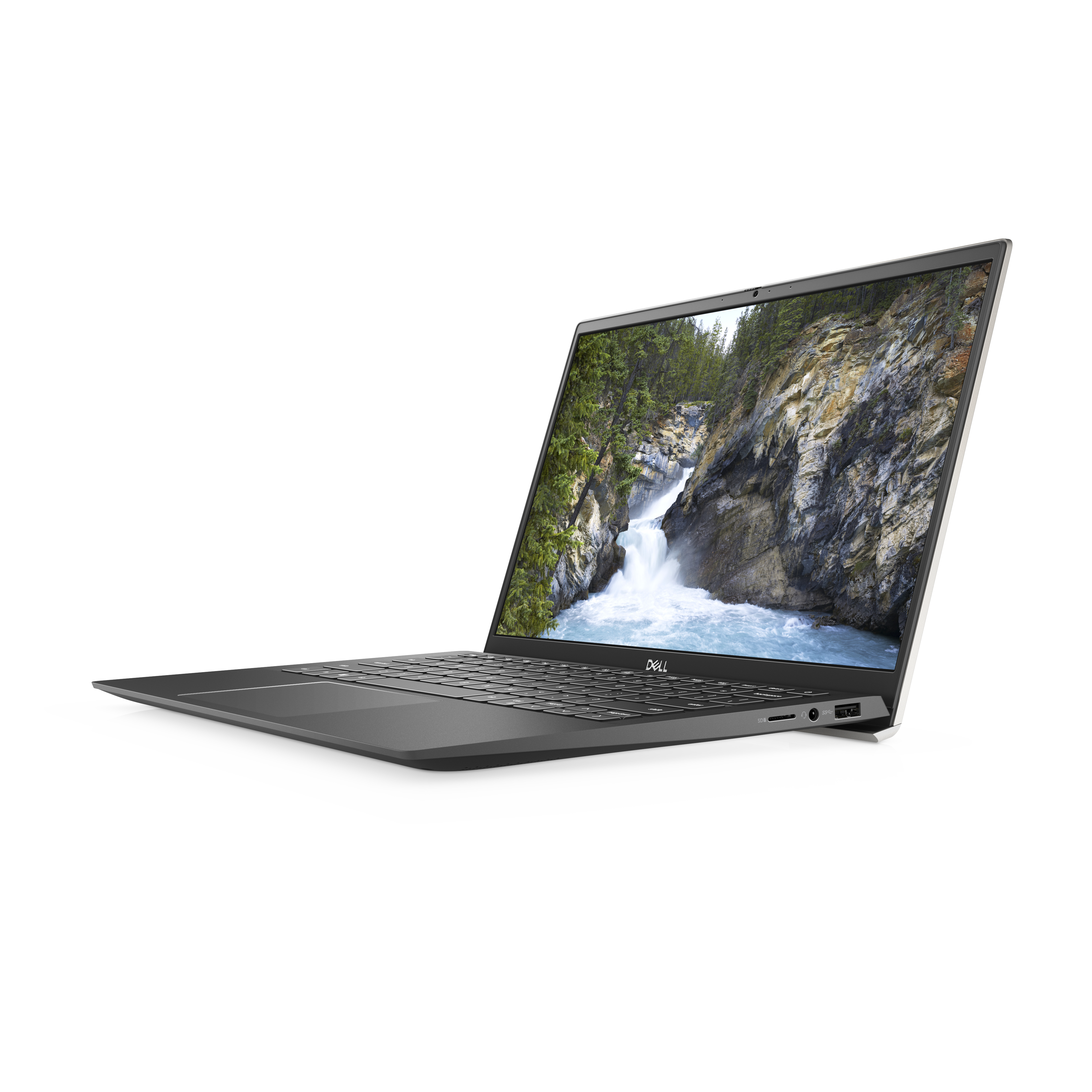 Laptop aperto, angolato, mostra una cascata sullo schermo, su una superficie bianca.