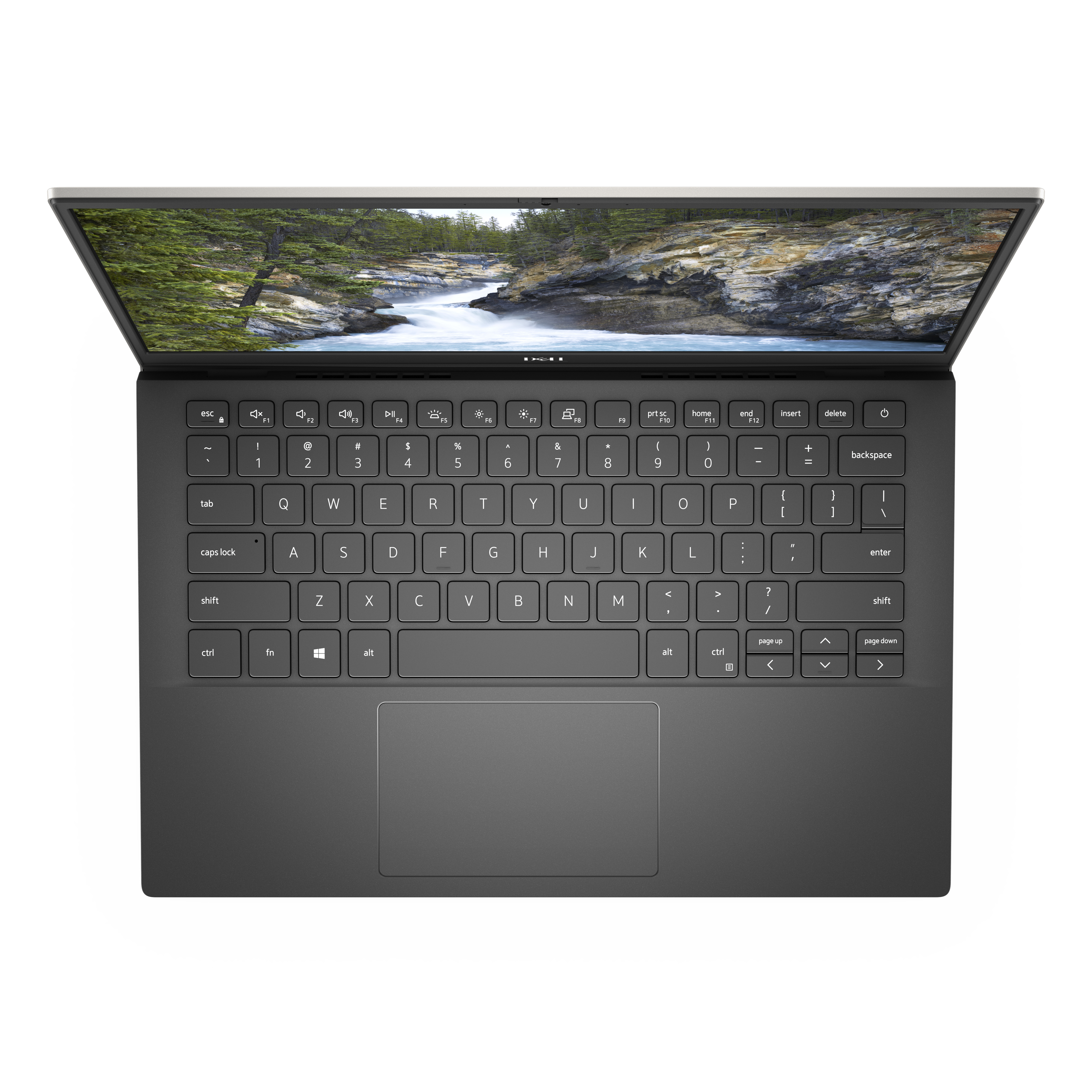 Laptop, aperto dall'alto. Lo schermo mostra una scena fluviale. Tastiera argentata.