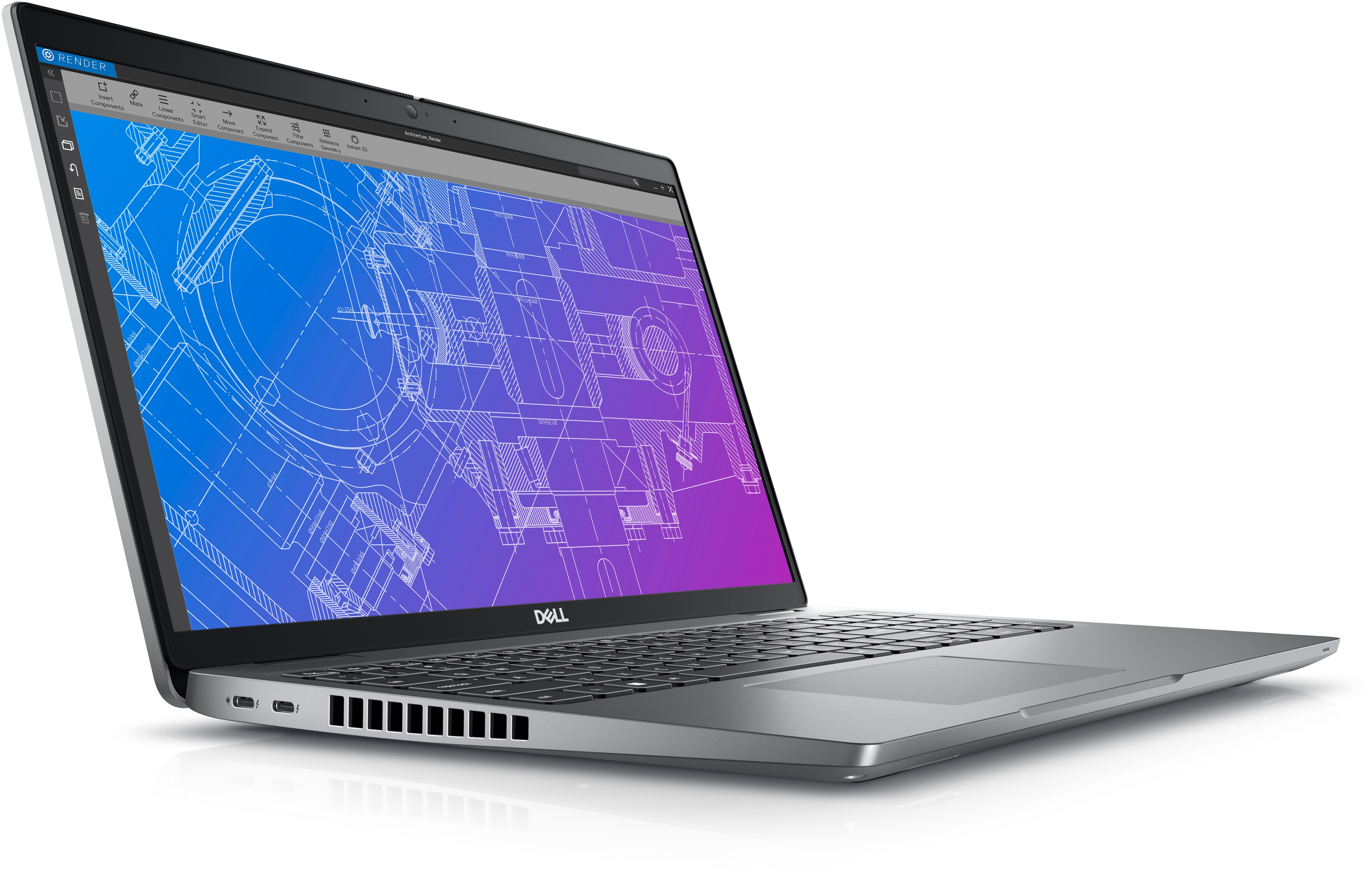 Laptop argentato con un progetto sullo schermo. Sfondo bianco. Logo Dell visibile.