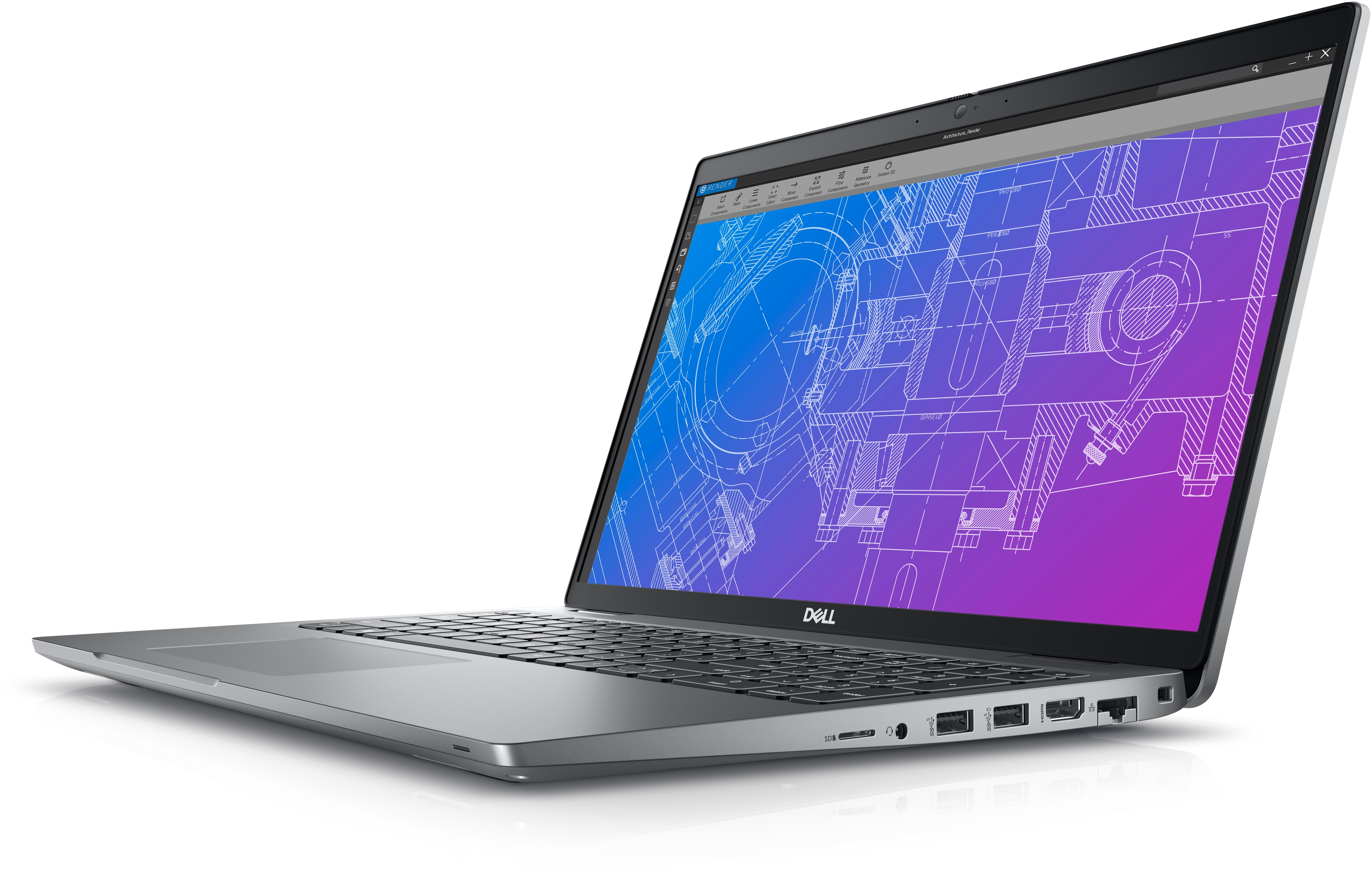 Laptop argentato con un progetto visualizzato. Il laptop è su una superficie bianca. Il logo Dell è visibile.