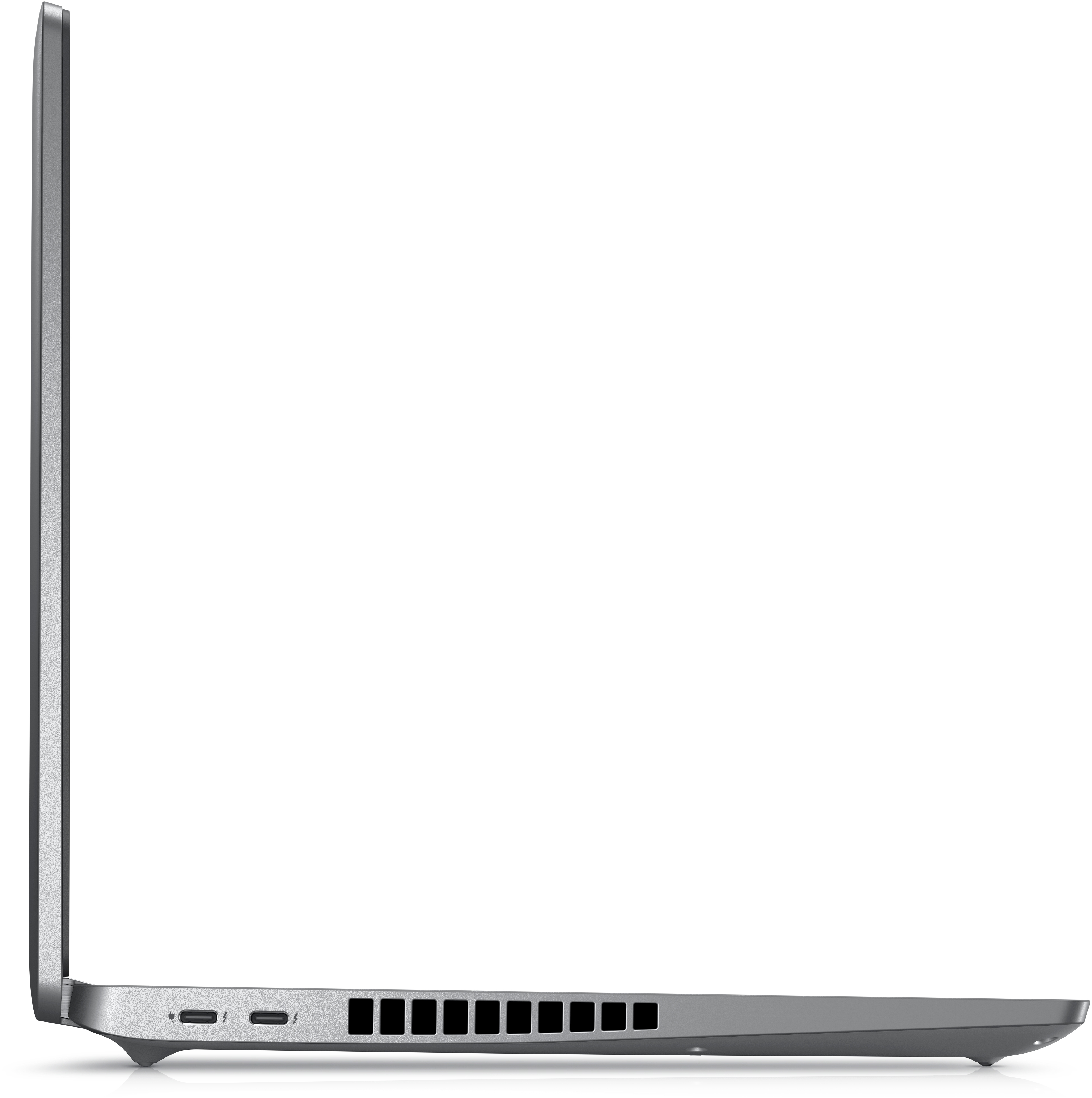 Una vista laterale di un laptop grigio. Il profilo laterale mostra porte e prese d'aria. Sfondo bianco.