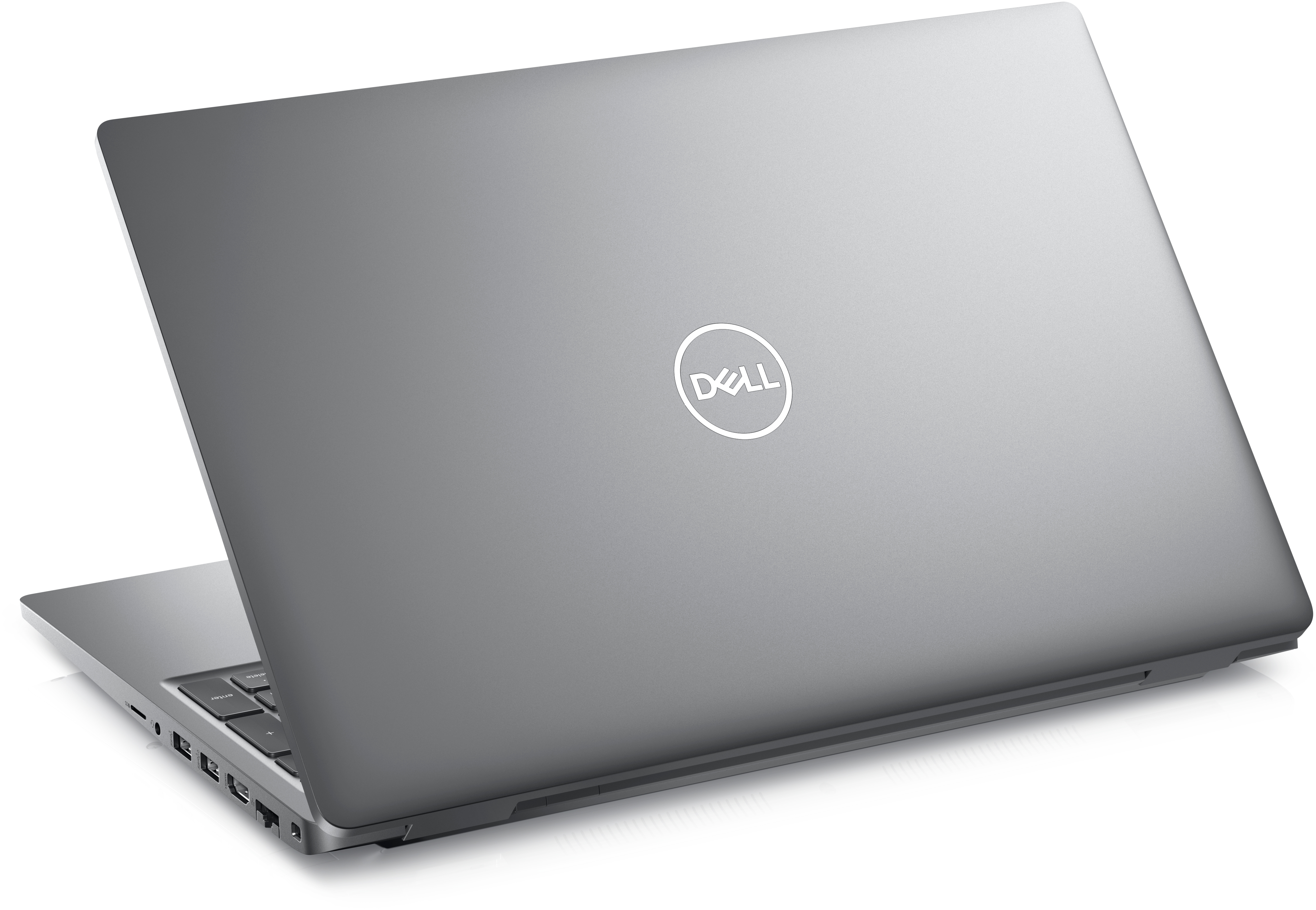 Laptop grigio, vista posteriore, con logo Dell argentato. Leggermente angolato, mostrando le porte.