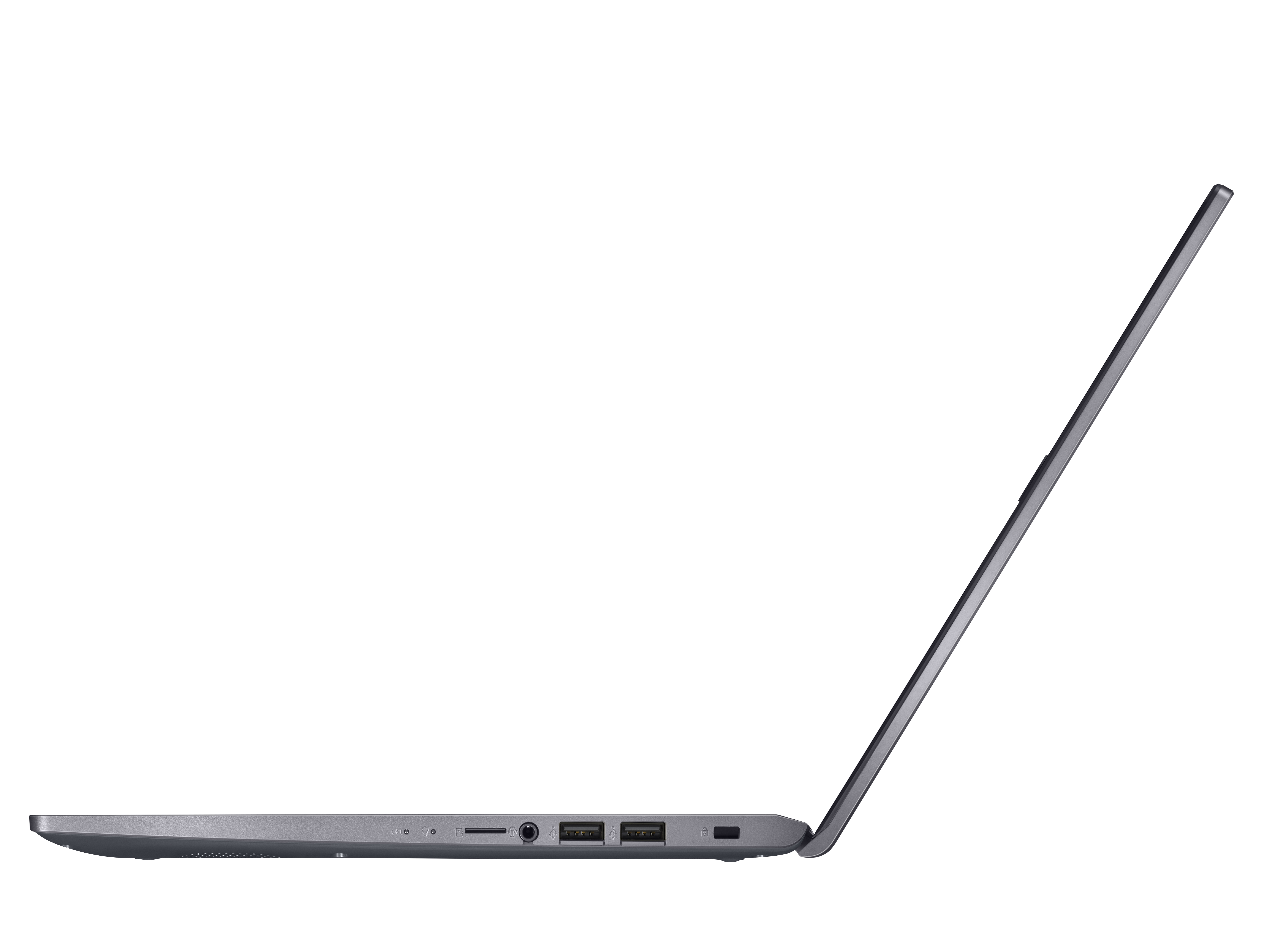 Laptop grigio, vista laterale, aperto. Mostra porte e angolo dello schermo.