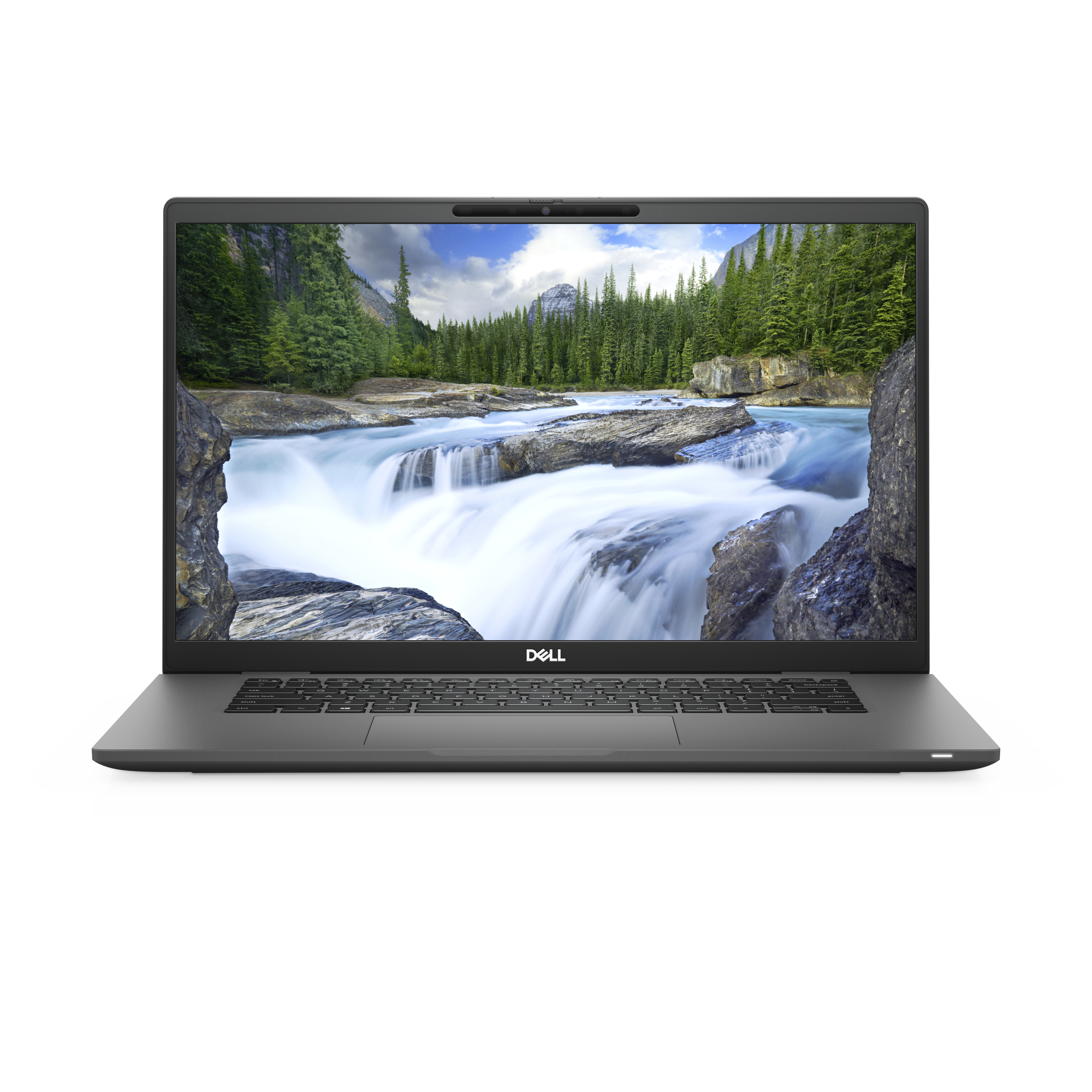 Laptop mit einer Wasserfallszene. Die Tastatur ist sichtbar. Dell-Logo ist sichtbar.