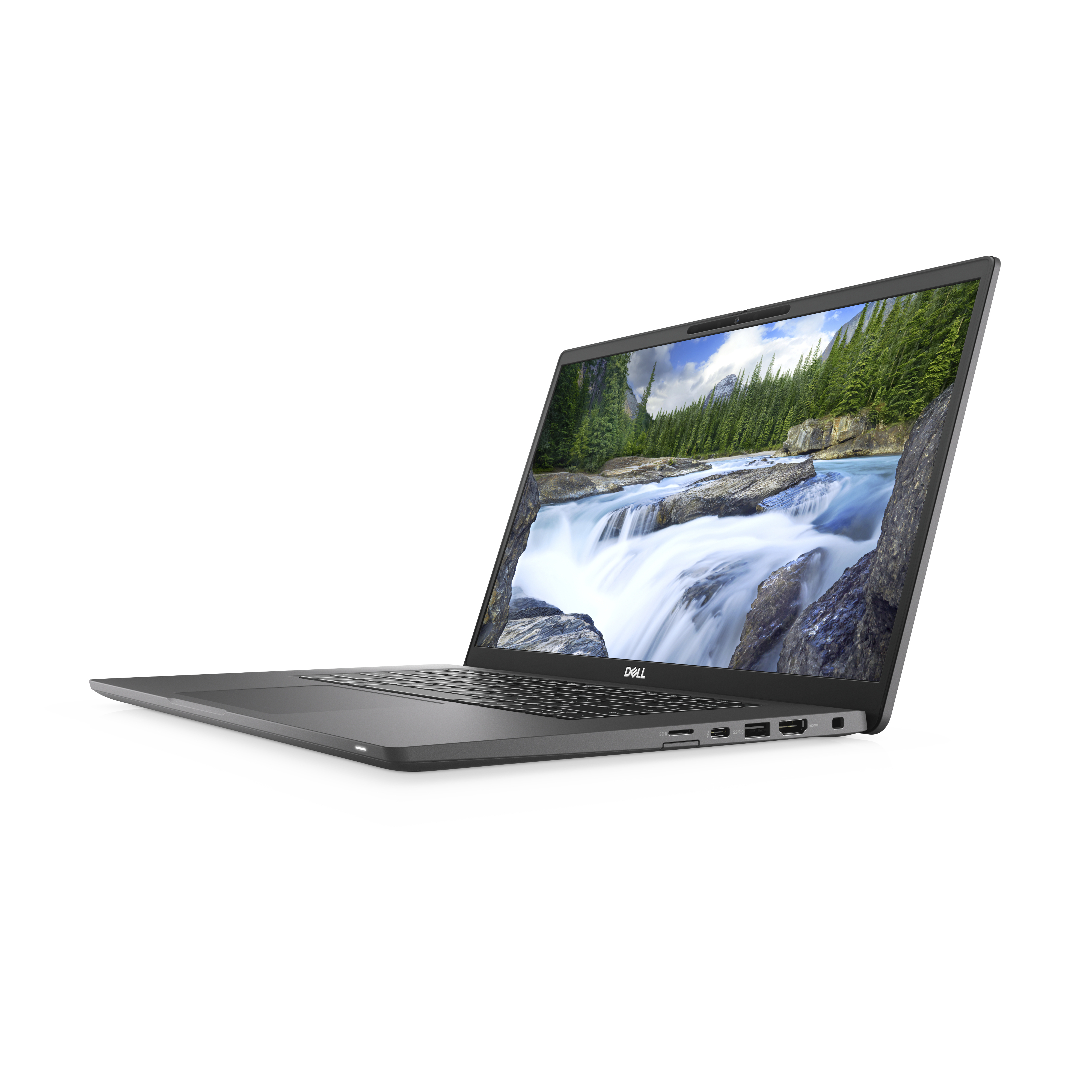 Abgewinkelte Ansicht eines Laptops, der den Bildschirm mit einer Wasserfallszene zeigt. Dell-Logo sichtbar.
