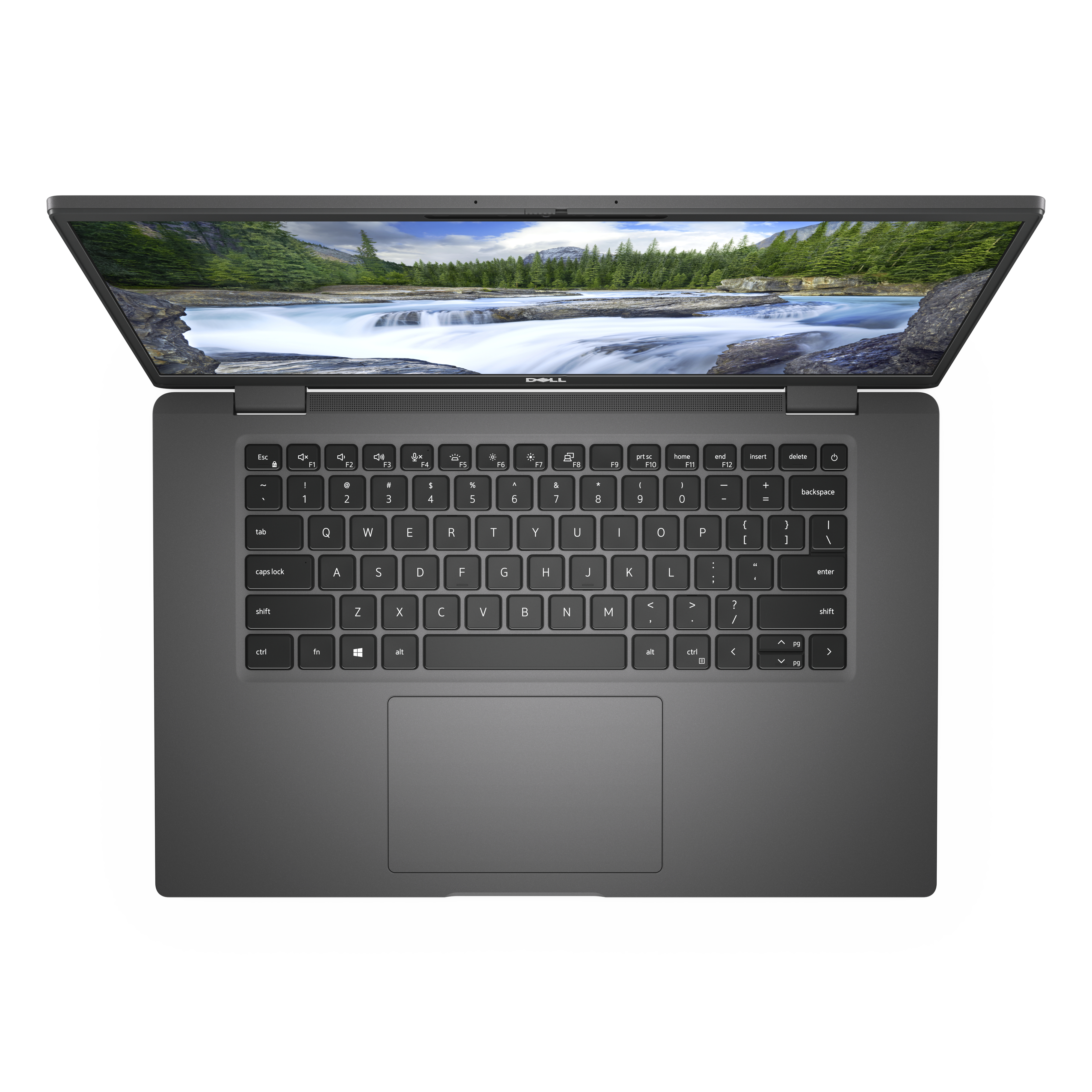 Draufsicht auf einen Laptop mit Tastatur und Touchpad. Eine Wasserfallszene wird angezeigt.