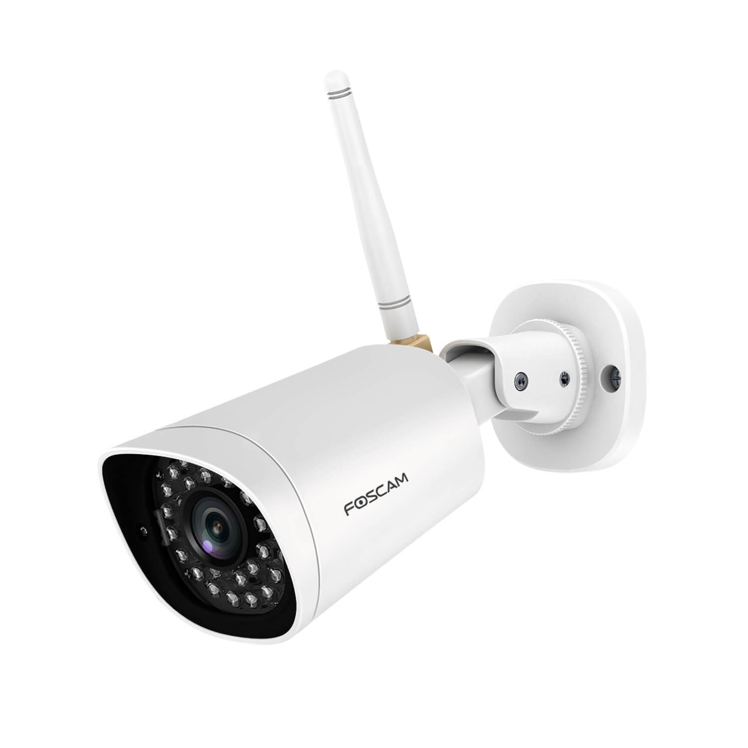 White Foscam security camera, mounted, with antenna. White background. Perspective view.
