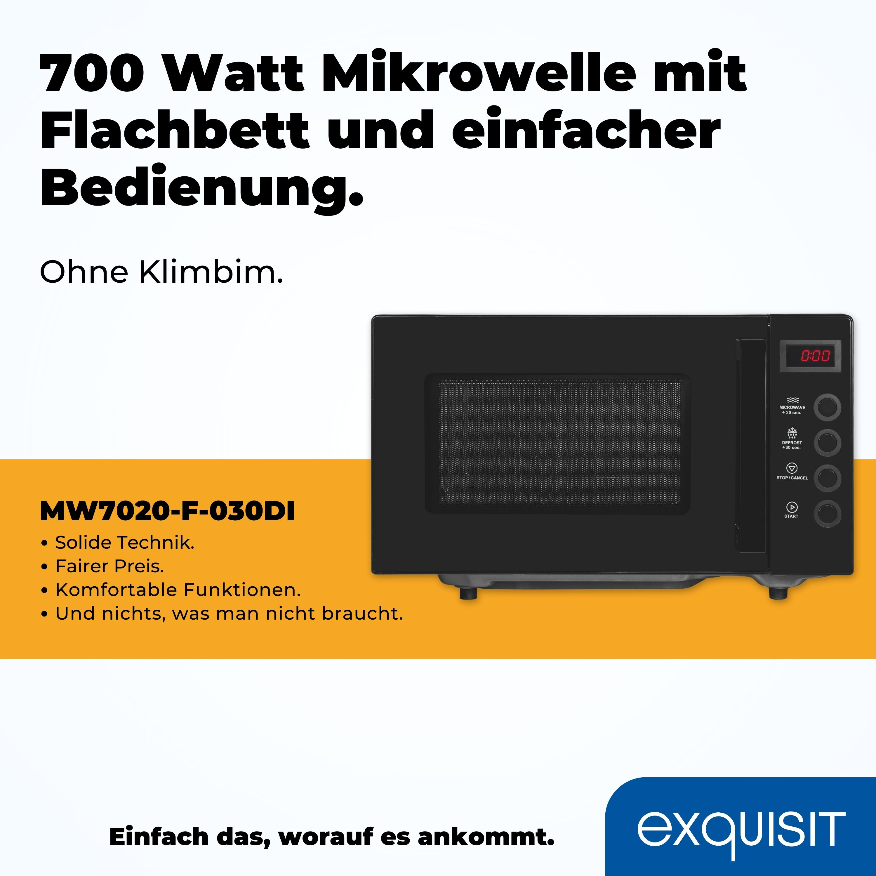 Eine schwarze Mikrowelle mit Digitalanzeige und Bedientasten, mit Text auf Deutsch.