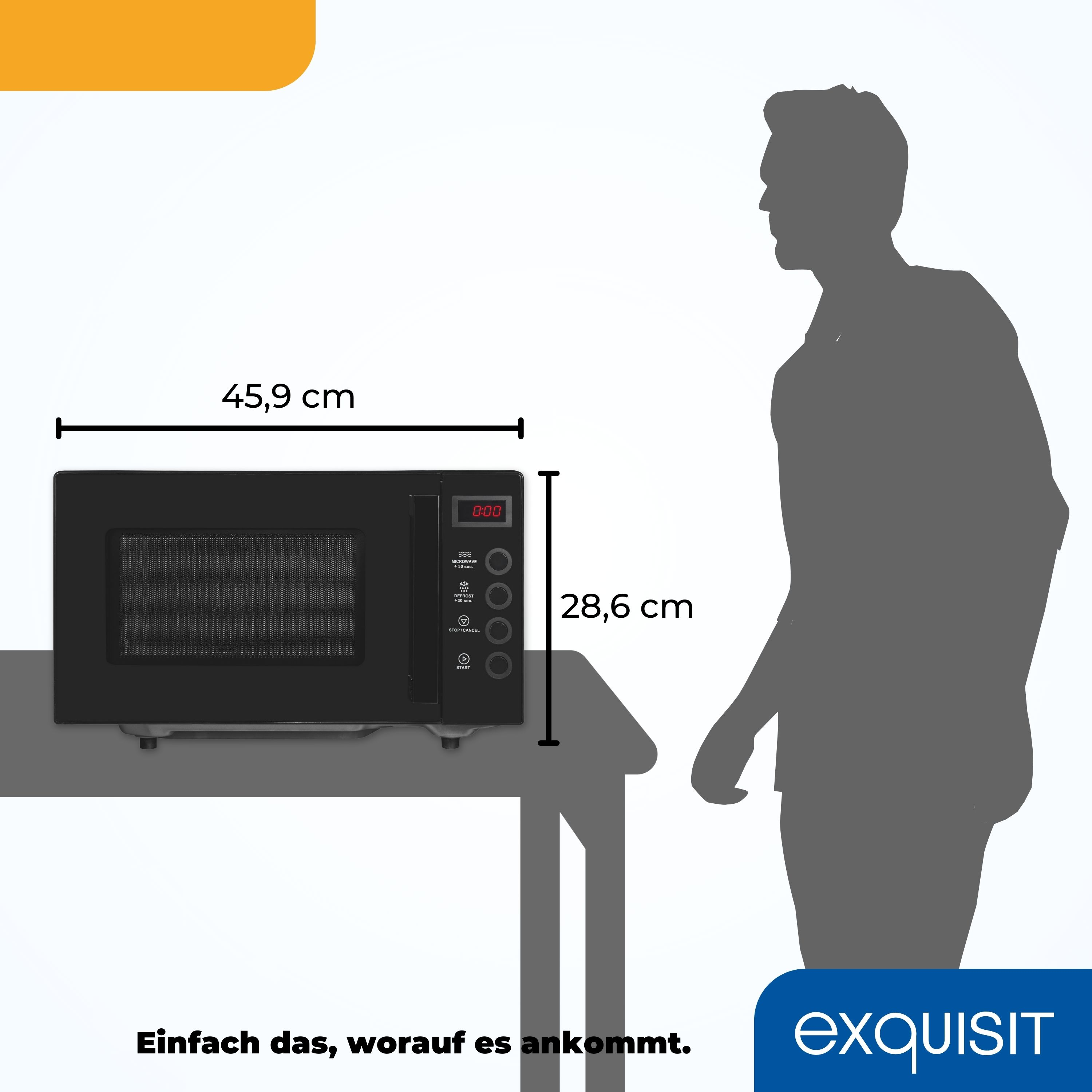 Schwarze Mikrowelle mit Abmessungen, eine Silhouette steht daneben, weißer Hintergrund.