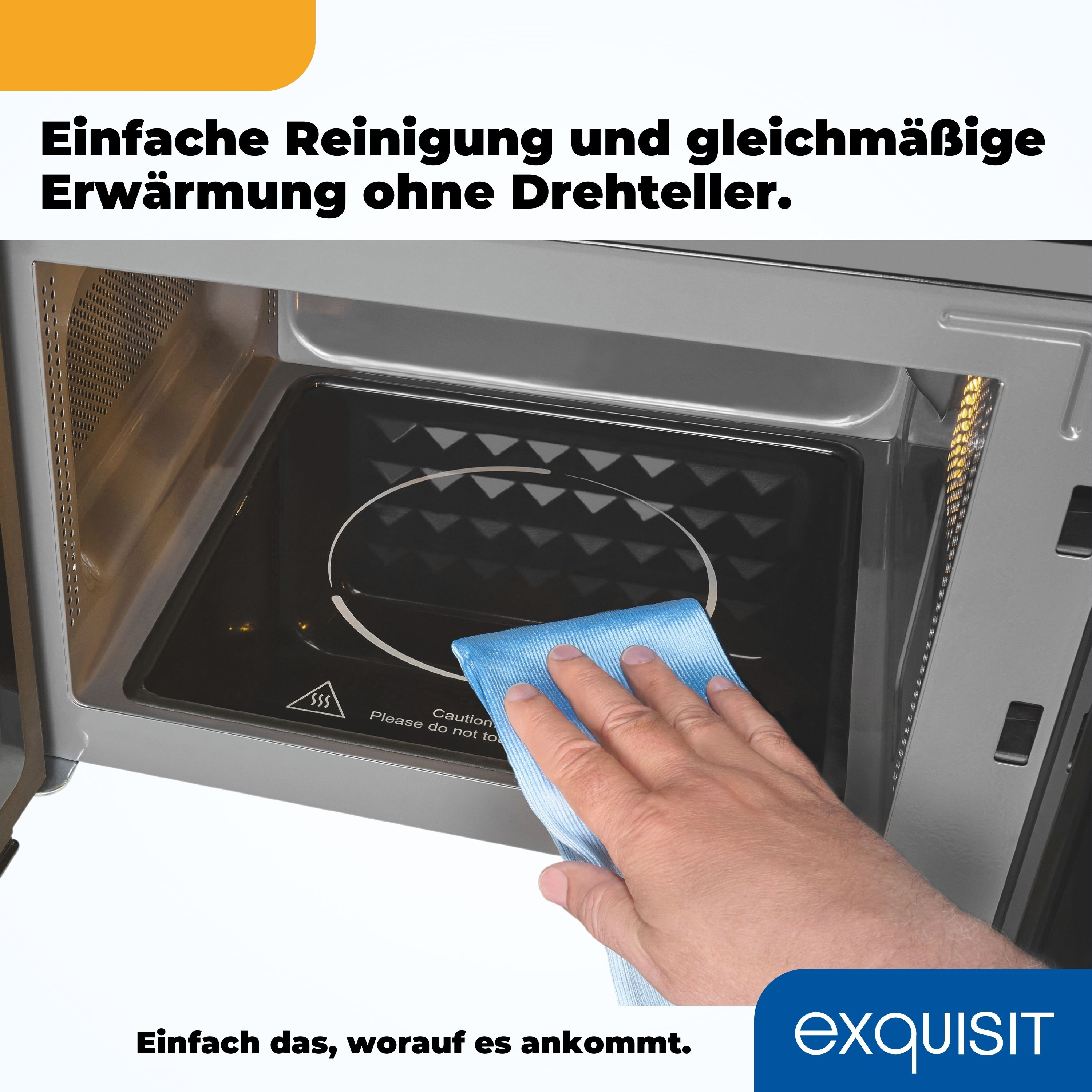 Eine Hand wischt das Innere einer Mikrowelle ab. Die Tür ist offen. Text oben.