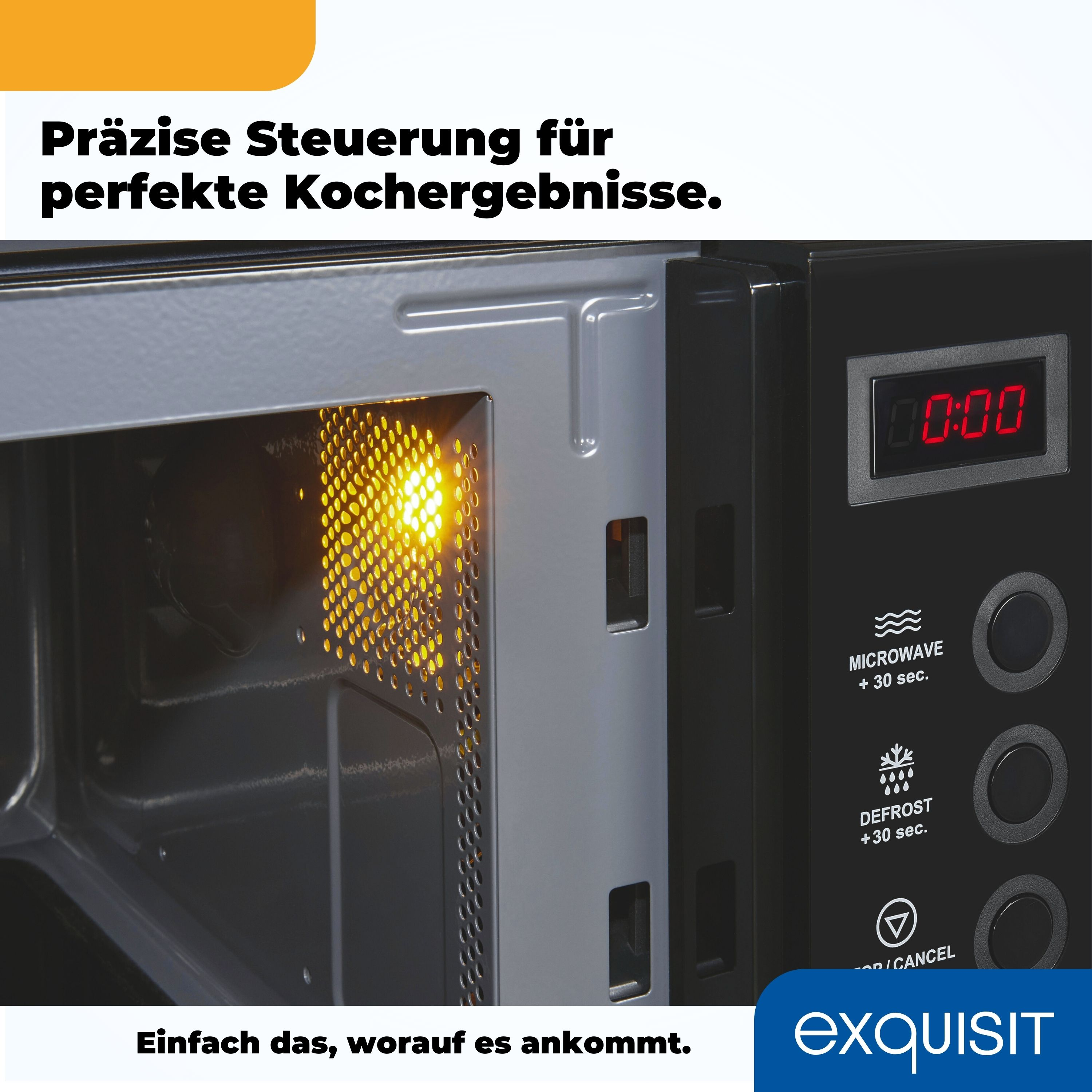 Mikrowelle, Innenansicht. Licht an, rote Anzeige. Schwarz und Silber. Textüberlagerung.