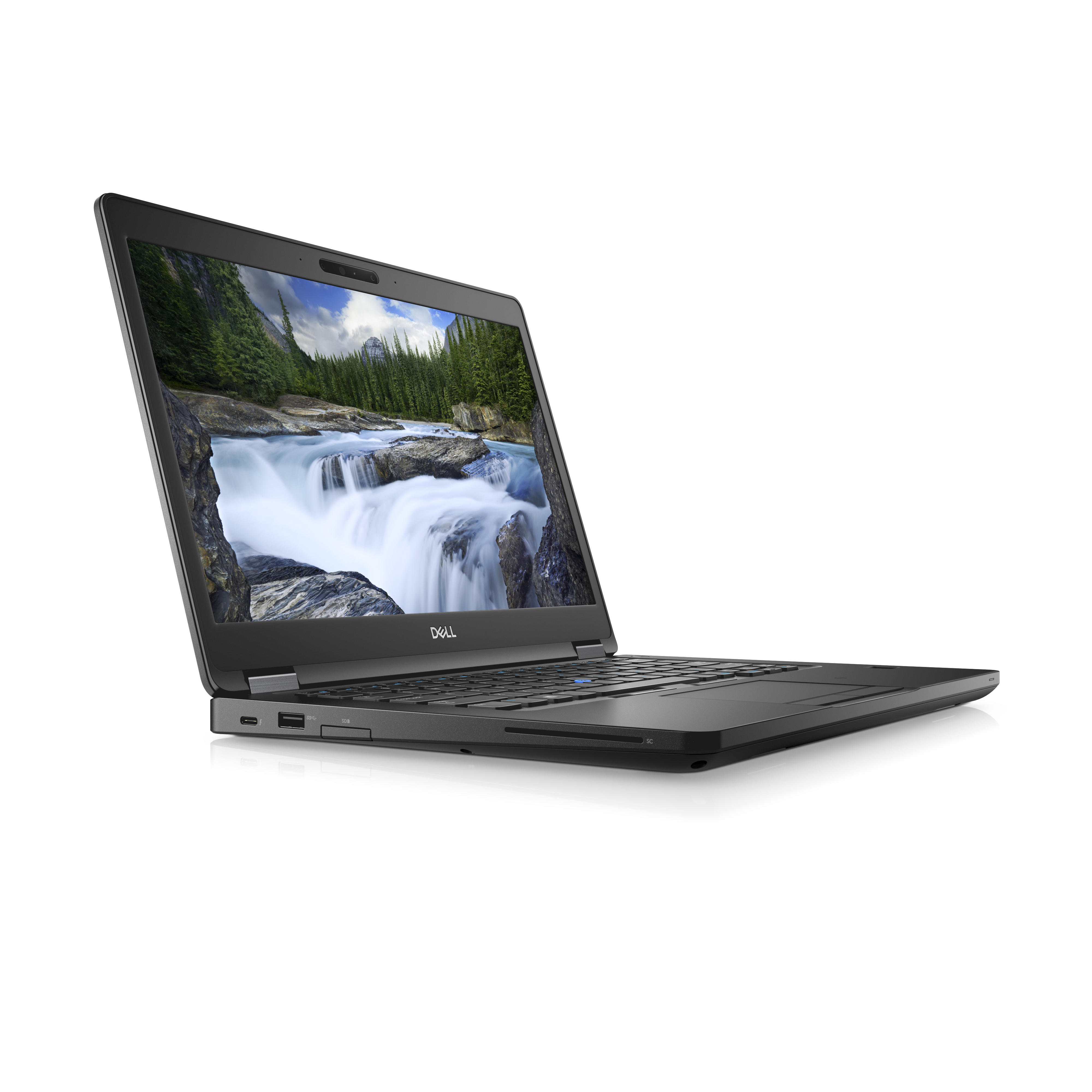 Schwarzer Laptop auf Weiß. Der Bildschirm zeigt eine Wasserfallszene. Dell-Logo sichtbar. Laptop abgewinkelt.