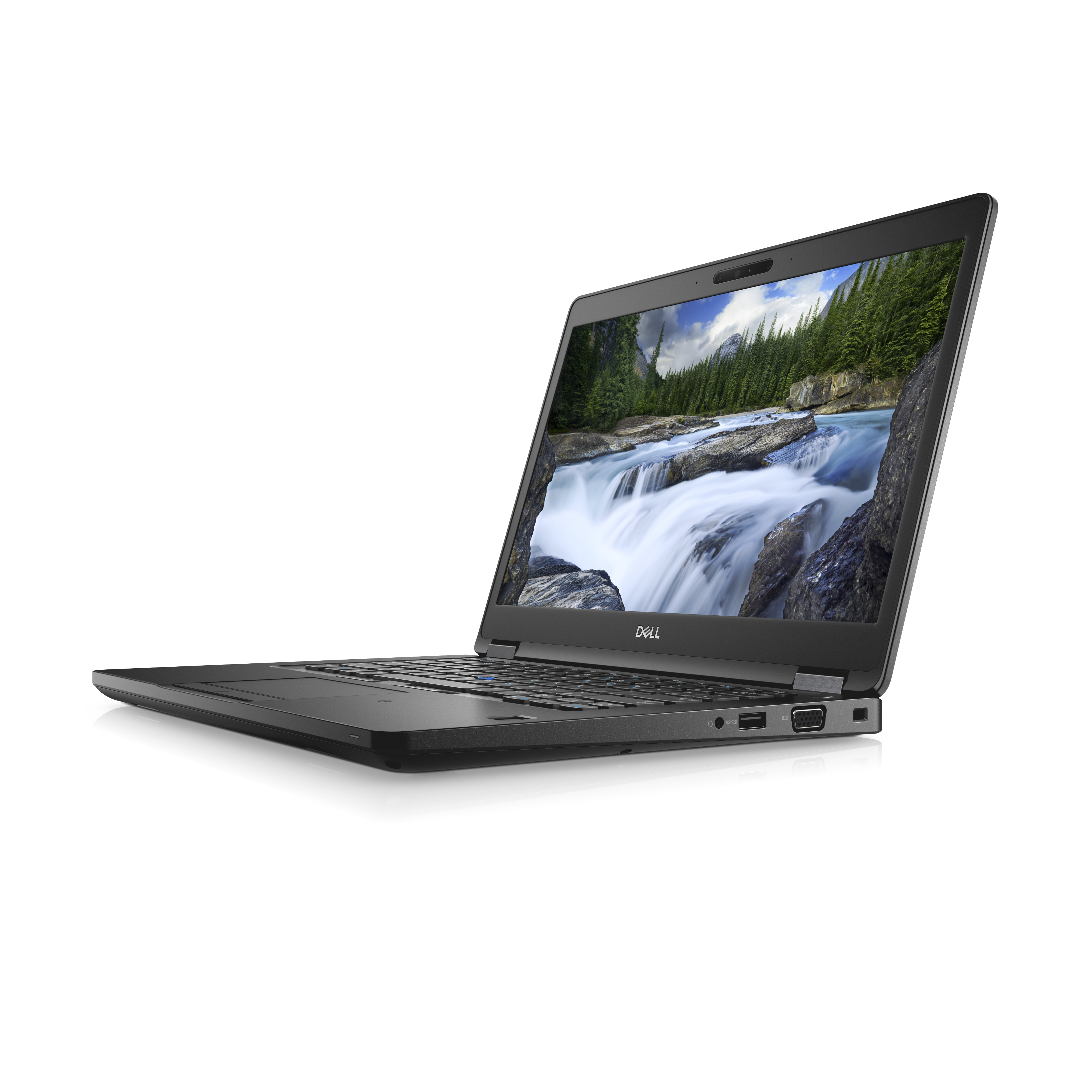 Schwarzer Laptop, offen, Wasserfallszene auf dem Bildschirm, vor weißem Hintergrund.
