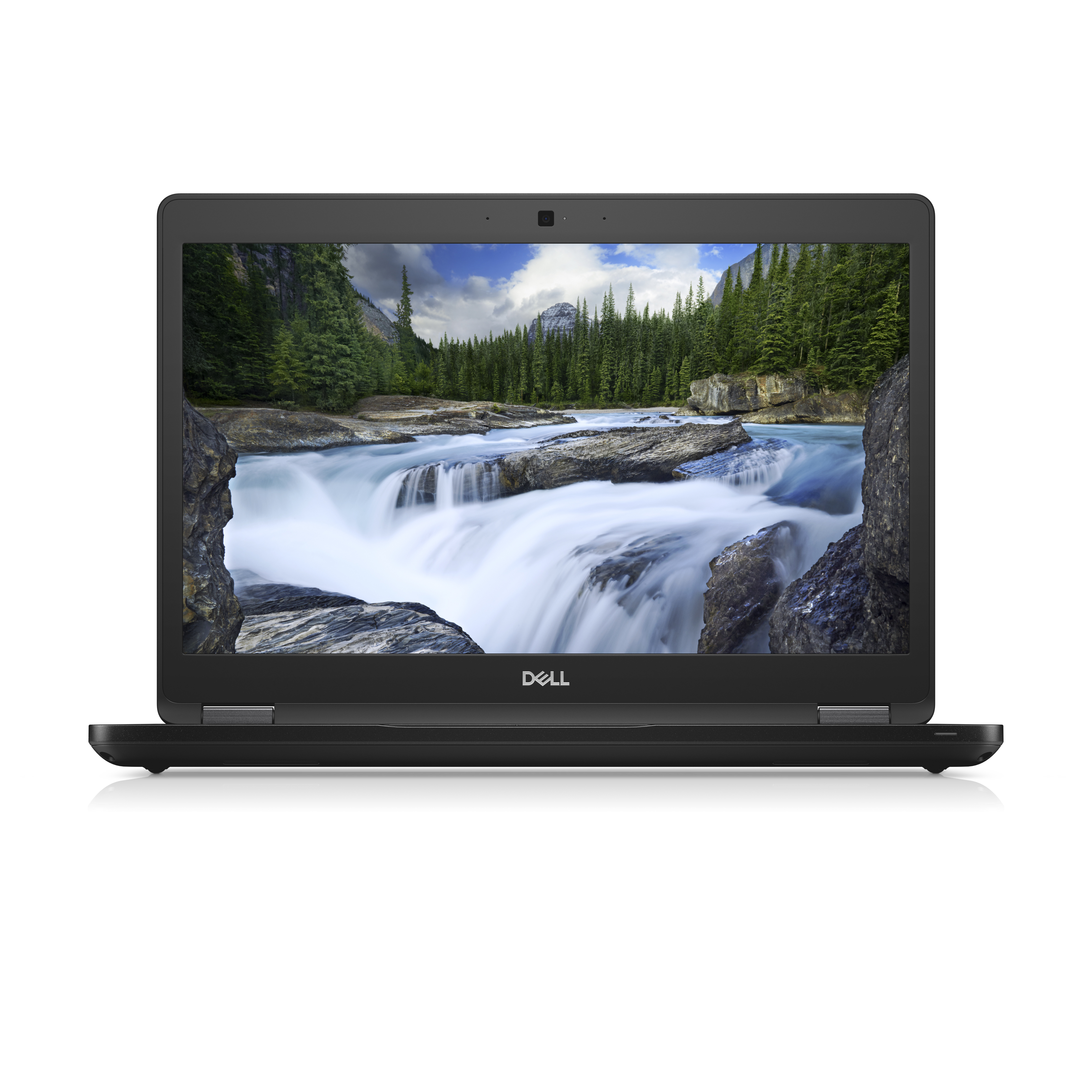 Laptop, Frontansicht. Bildschirm zeigt Wasserfallszene. Schwarzer Körper, offen.