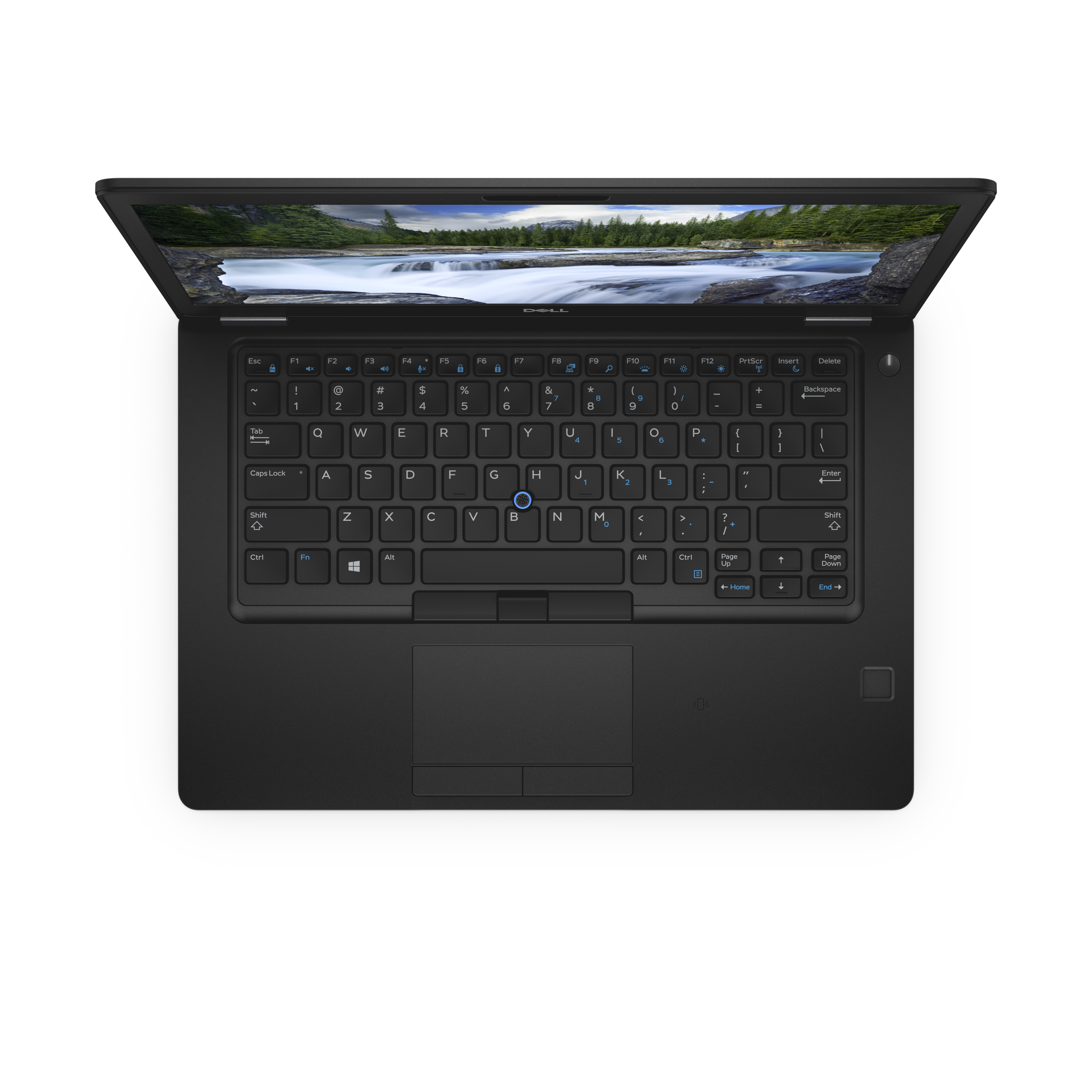 Vista dall'alto di un laptop nero con schermo aperto, tastiera, touchpad e scena naturalistica.