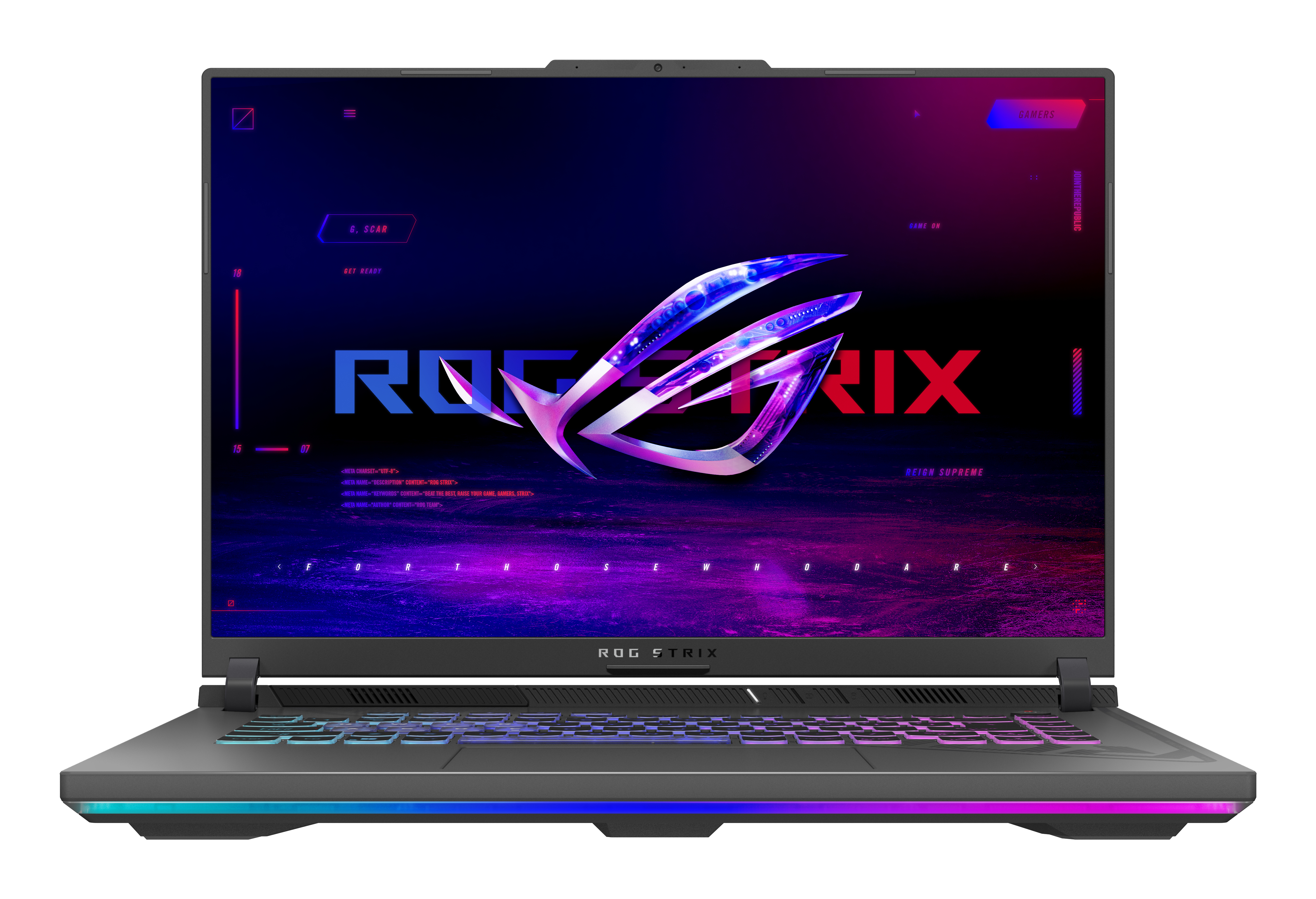 Laptop mit beleuchtetem Bildschirm. ROG STRIX Logo auf dem Display. Schwarz, Grau und Rot mit Farbverlauf.