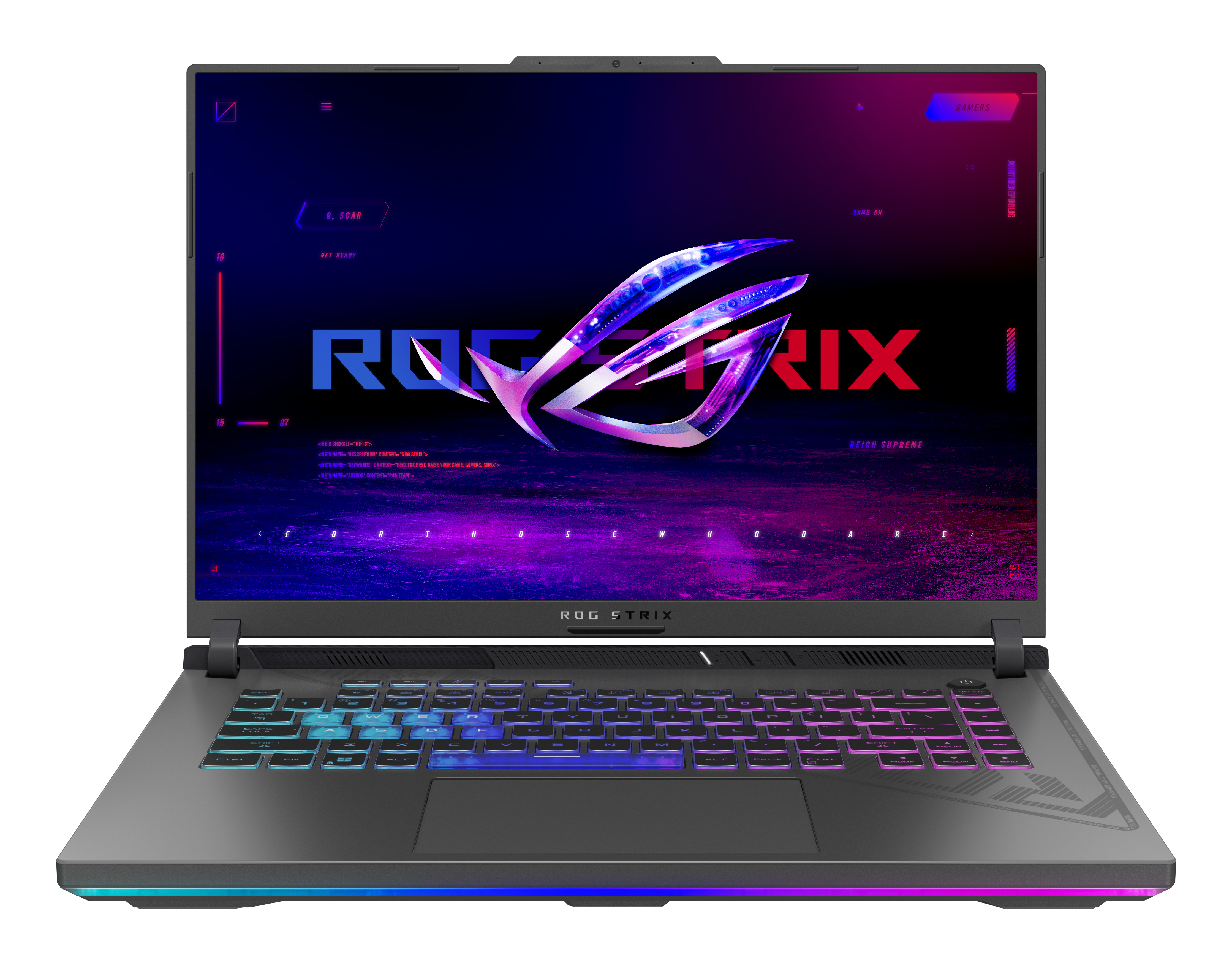 Ein Laptop mit beleuchteter Tastatur und Gaming-Oberfläche auf dem Bildschirm.